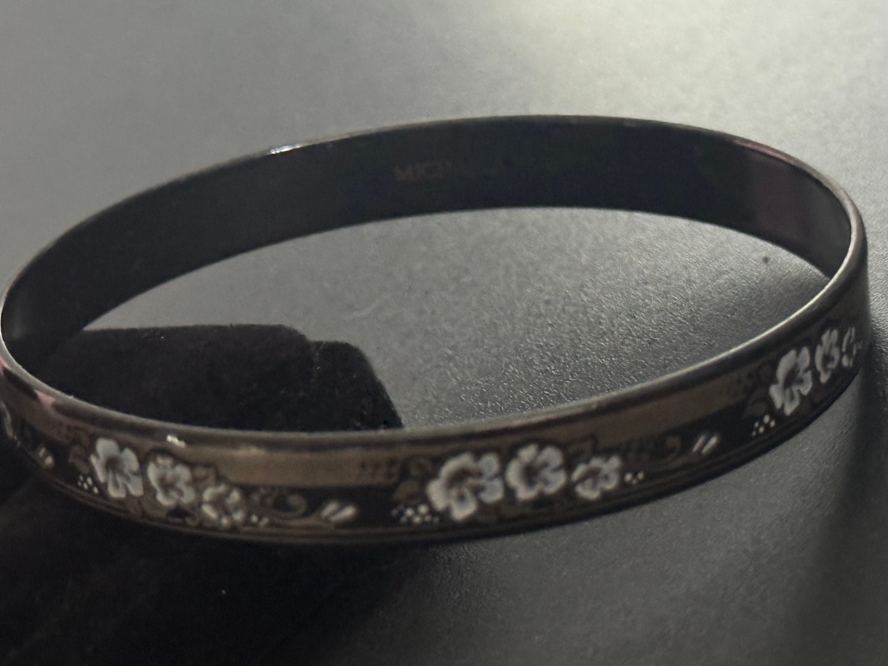Austrian Vintage Michaela Frey 7cm black, blue white and gold enamel antique style floral bangle from Austria