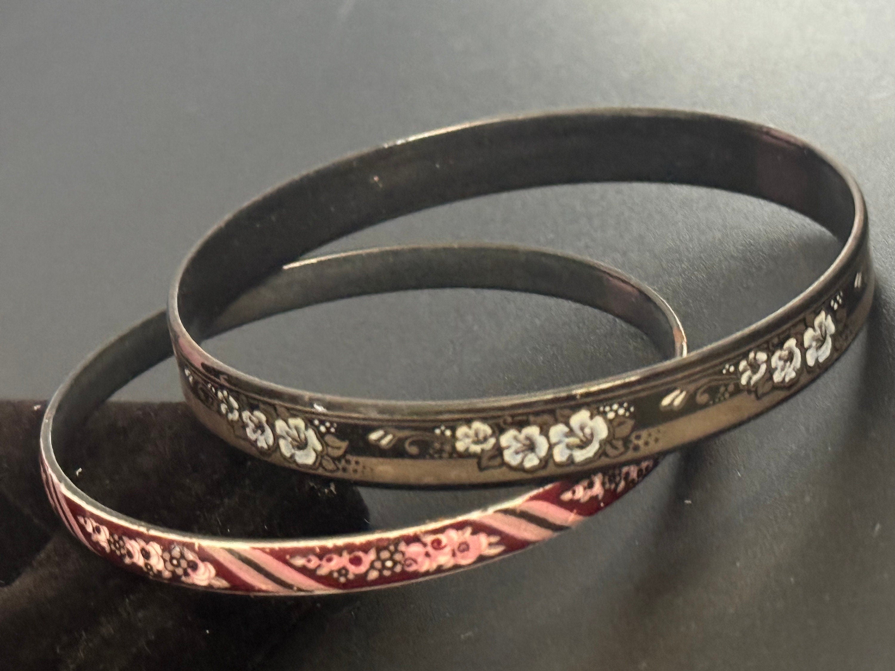 Austrian Vintage Michaela Frey 7cm black, blue white and gold enamel antique style floral bangle from Austria