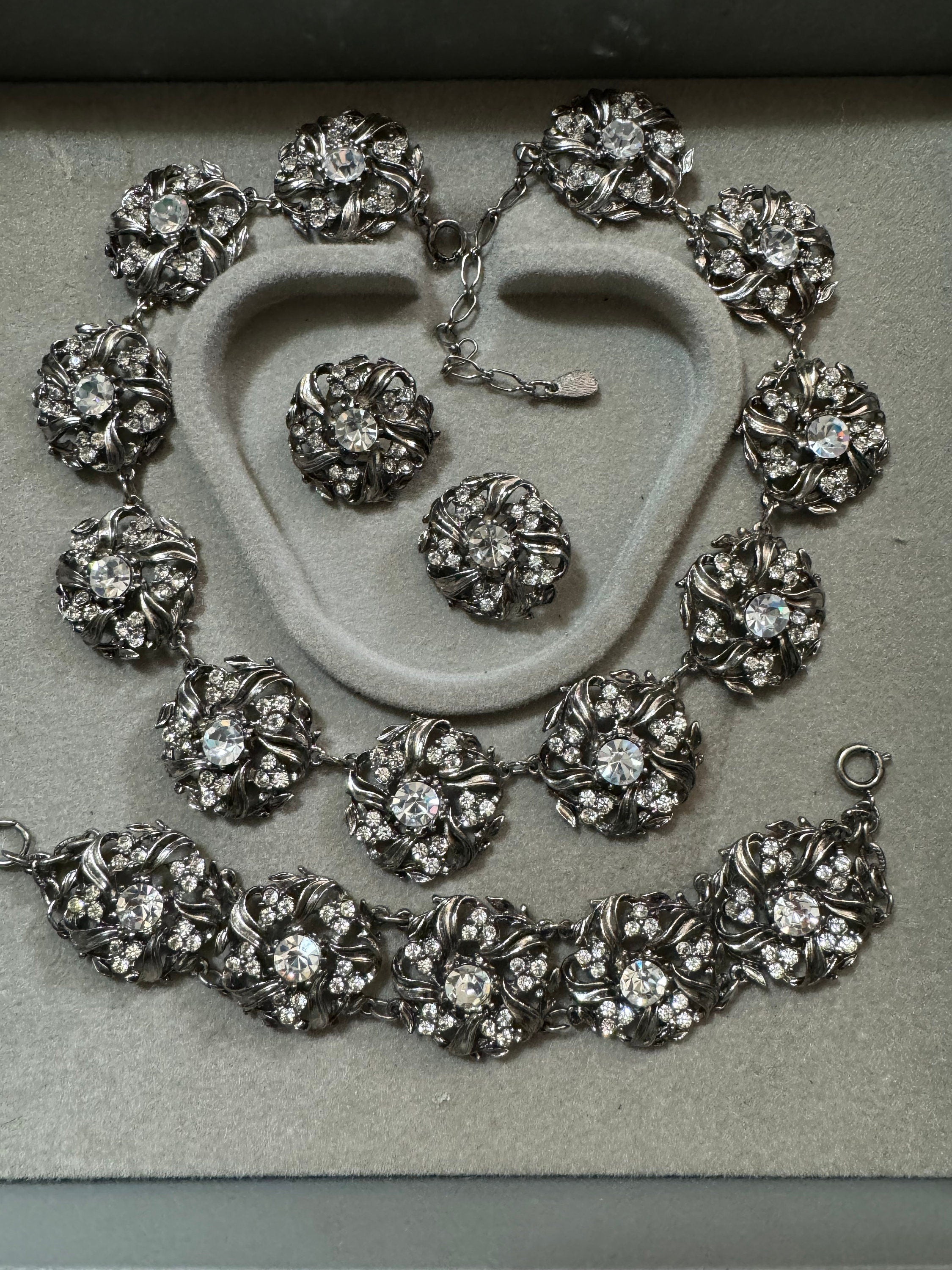 Jewellery set dark silver tone clear diamanté panel link necklace, bracelet and clip on earrings, vintage old shop stock