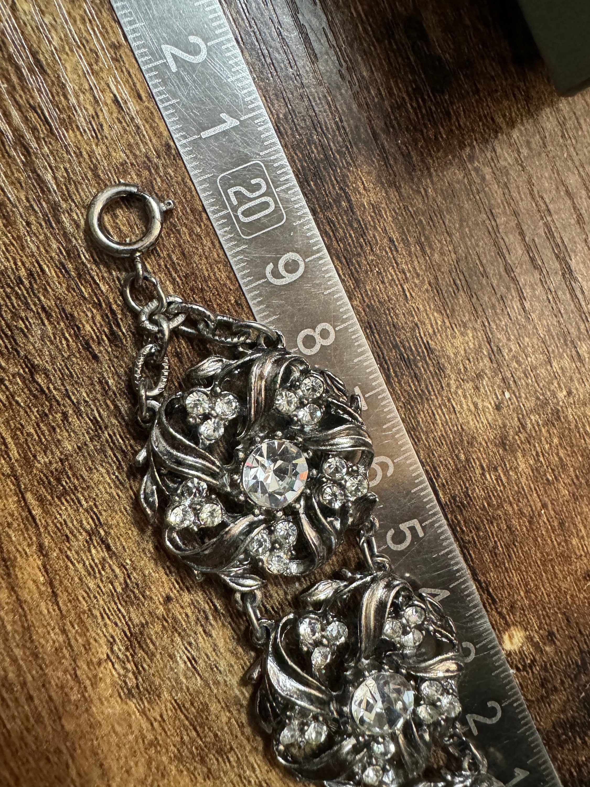 Jewellery set dark silver tone clear diamanté panel link necklace, bracelet and clip on earrings, vintage old shop stock