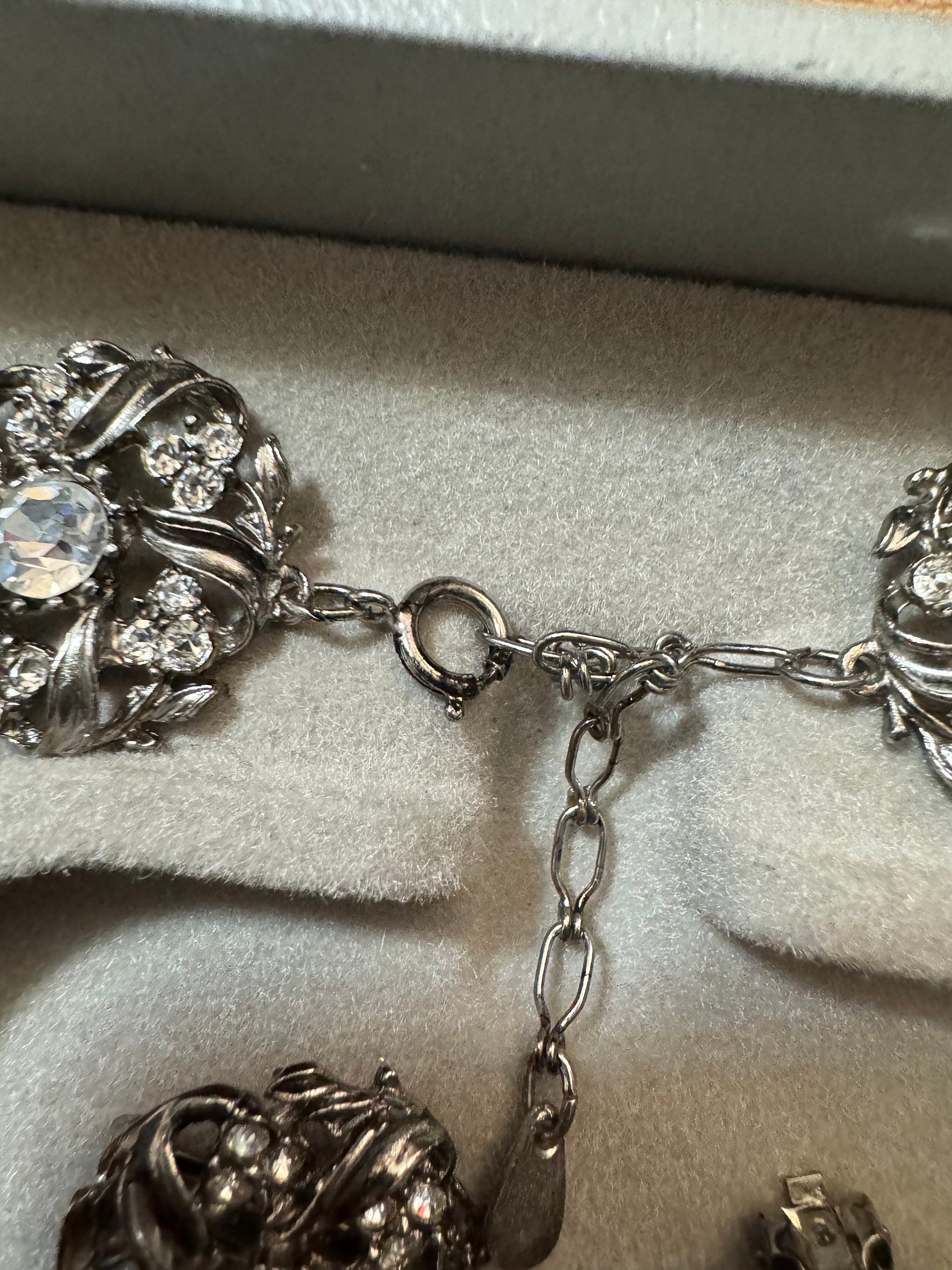 Jewellery set dark silver tone clear diamanté panel link necklace, bracelet and clip on earrings, vintage old shop stock