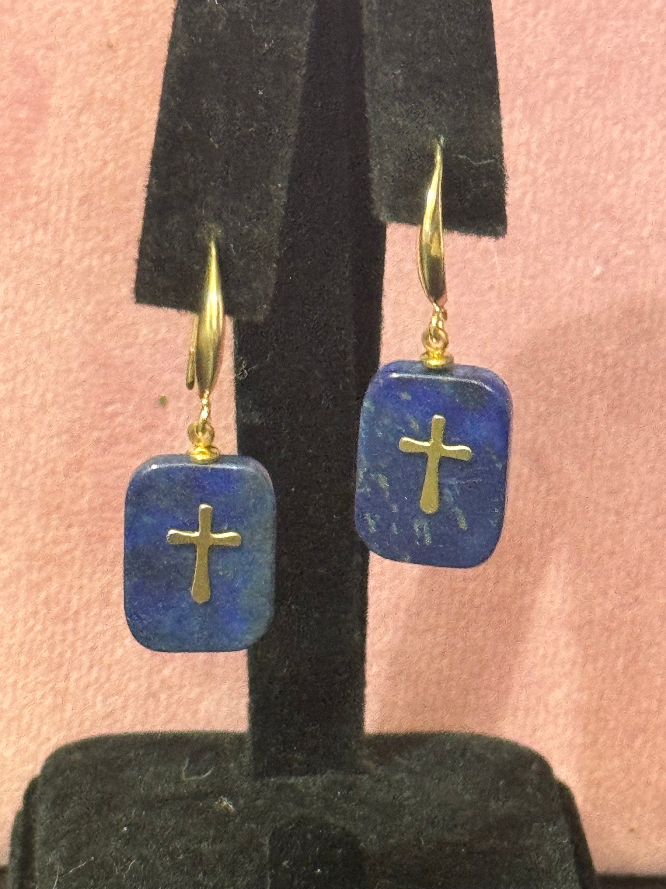 Blue lapis lazuli stone cross charm drop earrings 18k gold plated gemstone Victorian style