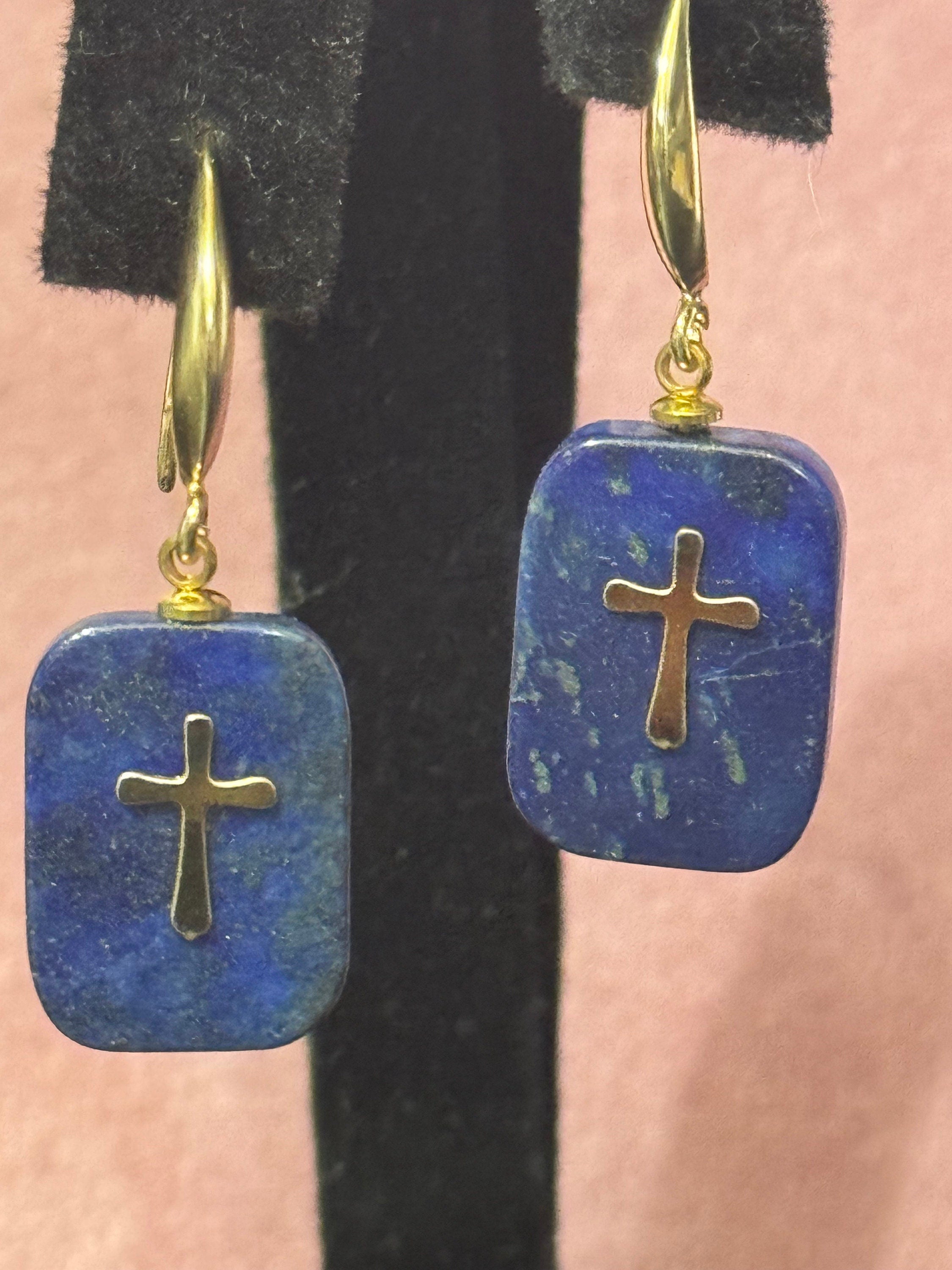 Blue lapis lazuli stone cross charm drop earrings 18k gold plated gemstone Victorian style