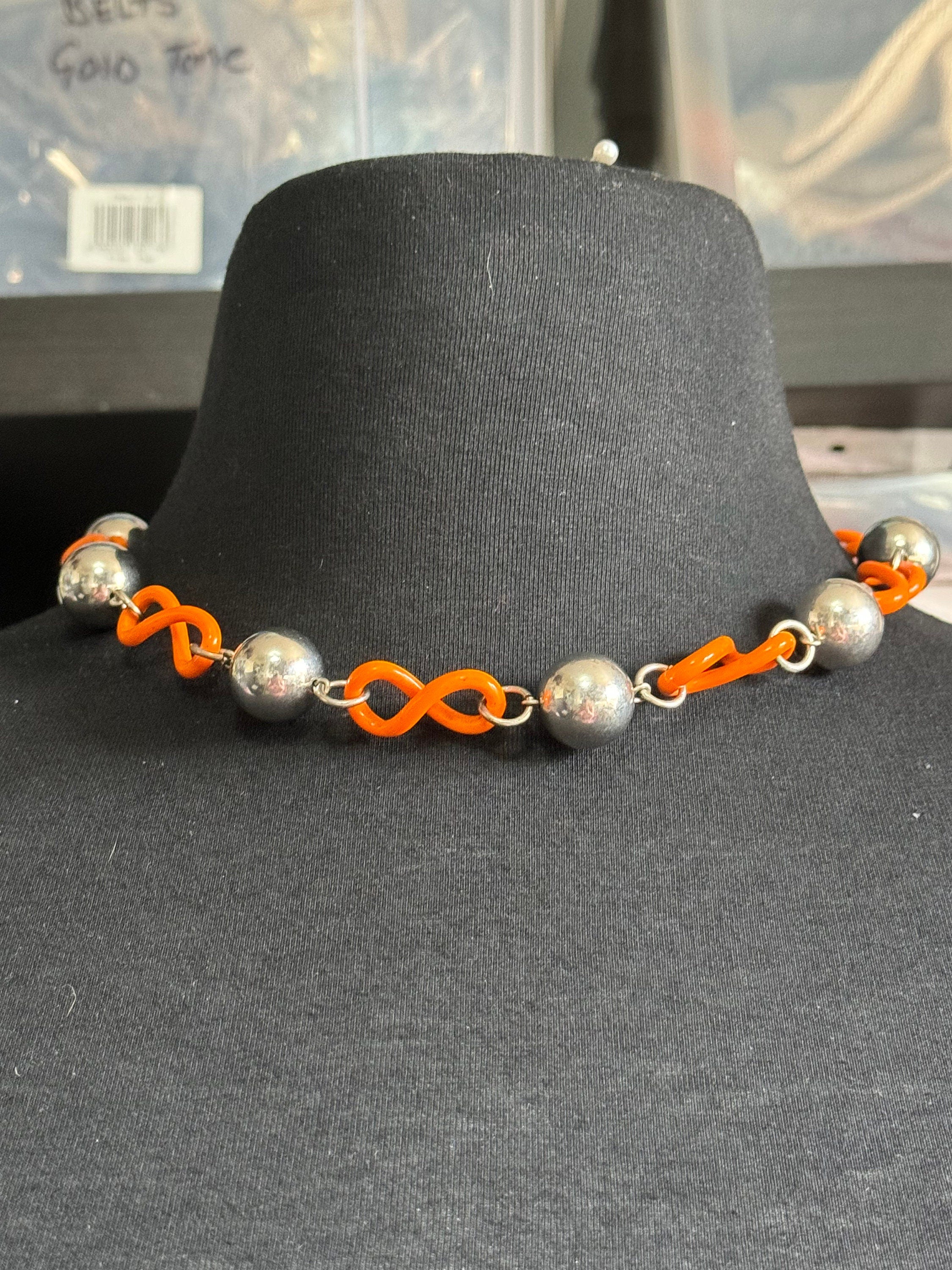 Art Deco Jakob Bengel Necklace: Chrome, Orange Galalith, Geometric Beads