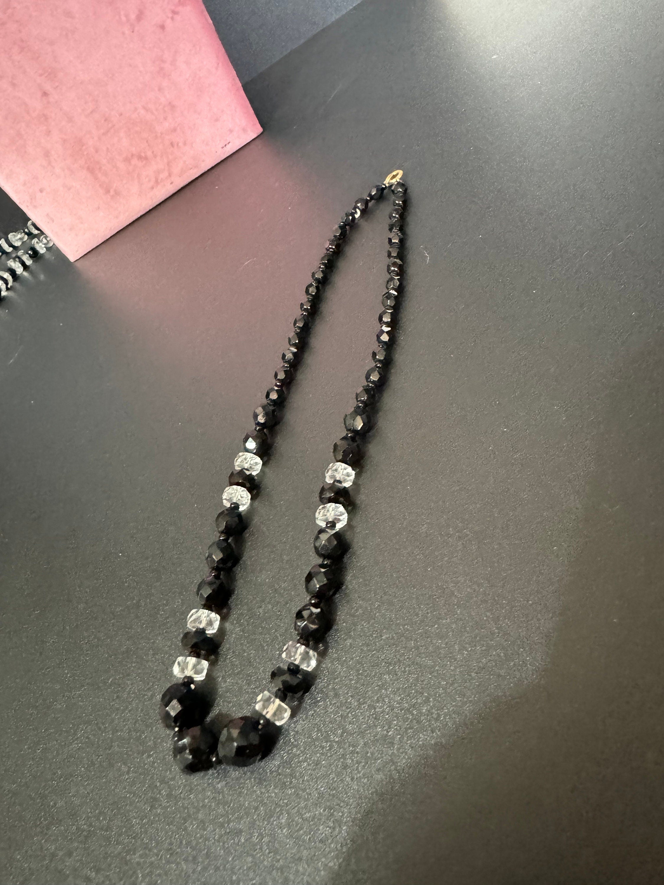 Antique art deco geometric cut glass black clear beaded necklace monochrome 44cm