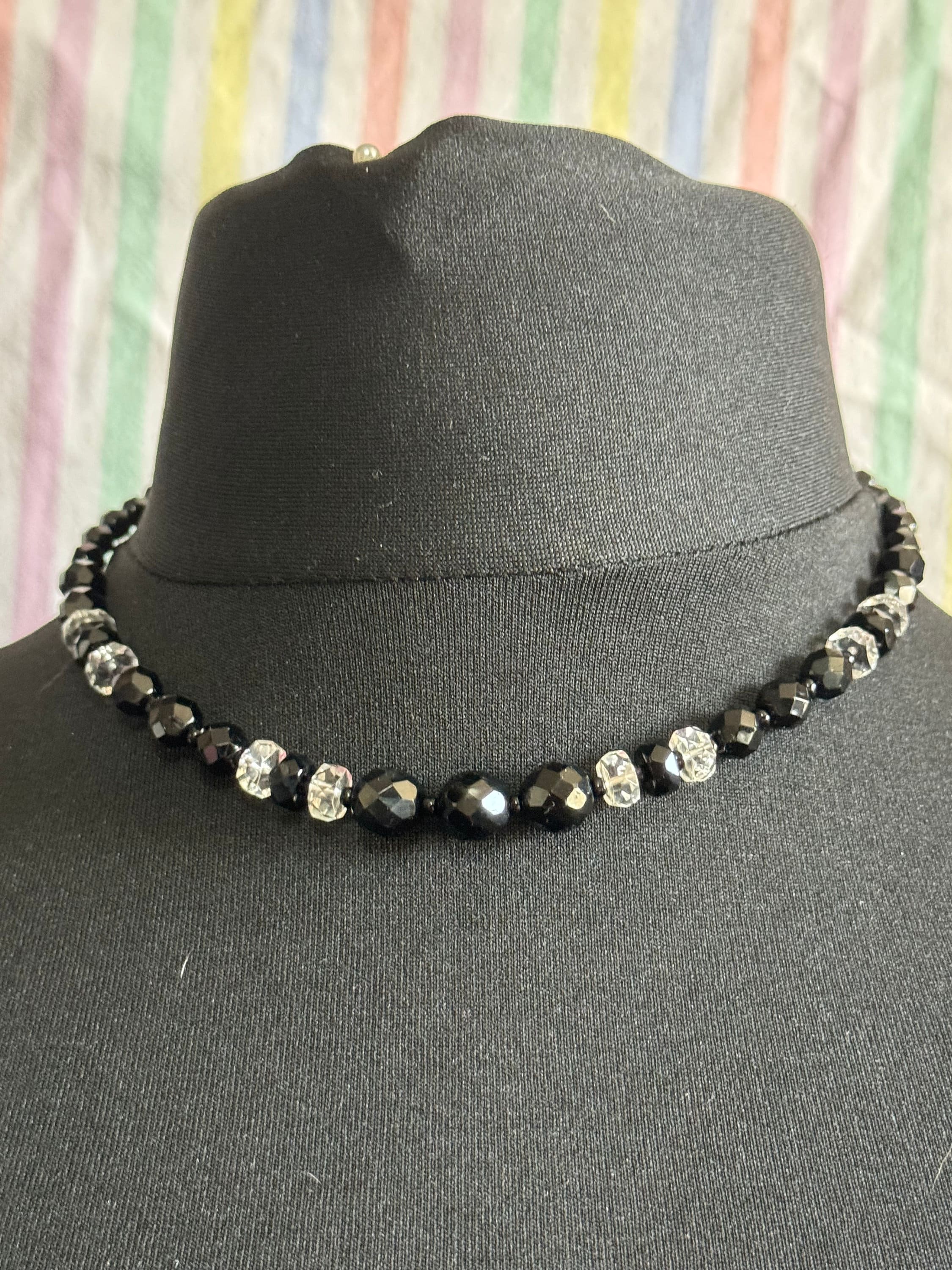 Antique art deco geometric cut glass black clear beaded necklace monochrome 44cm