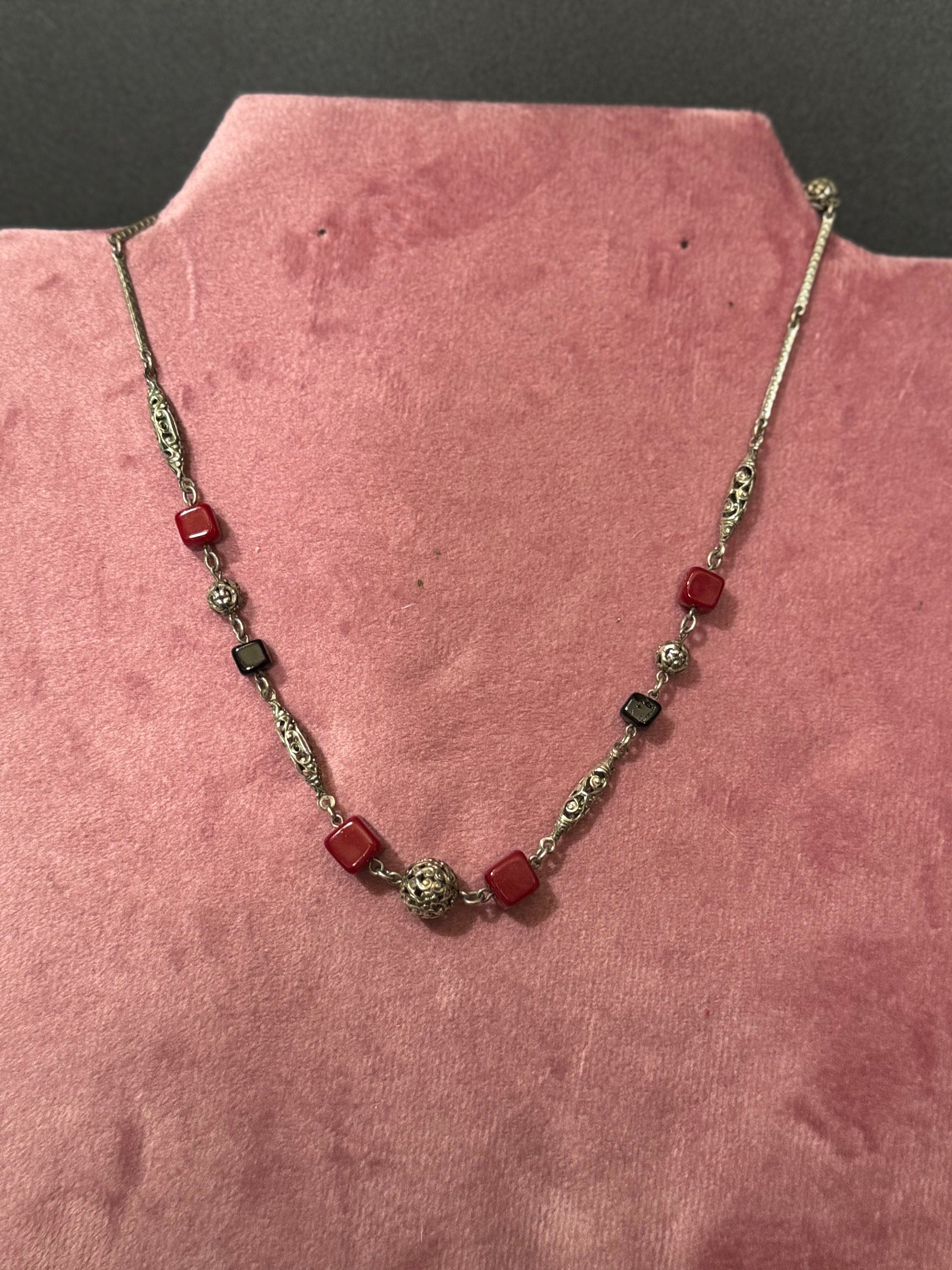 Czech silver filigree red glass square beaded necklace 1920s art deco