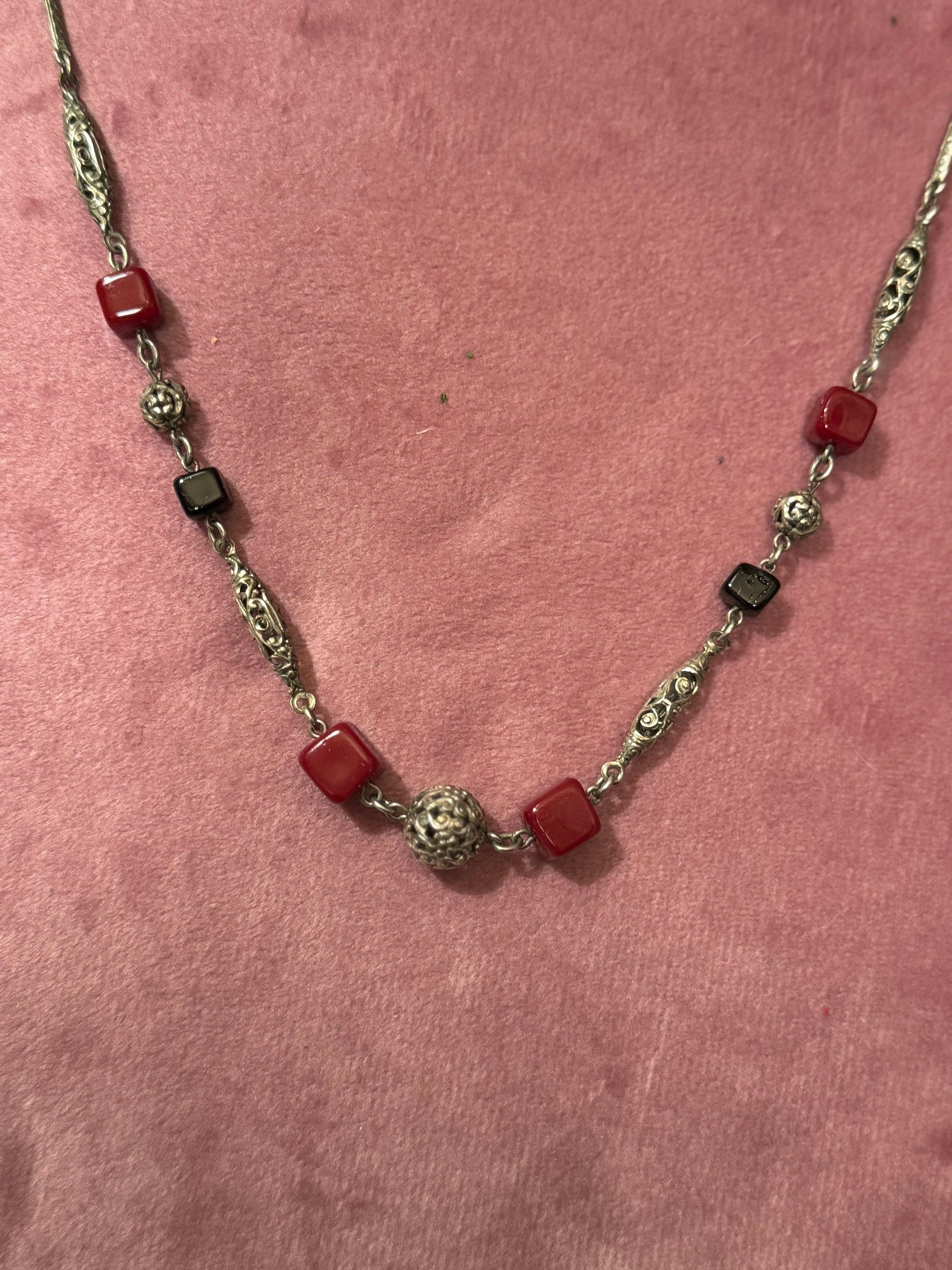 Czech silver filigree red glass square beaded necklace 1920s art deco