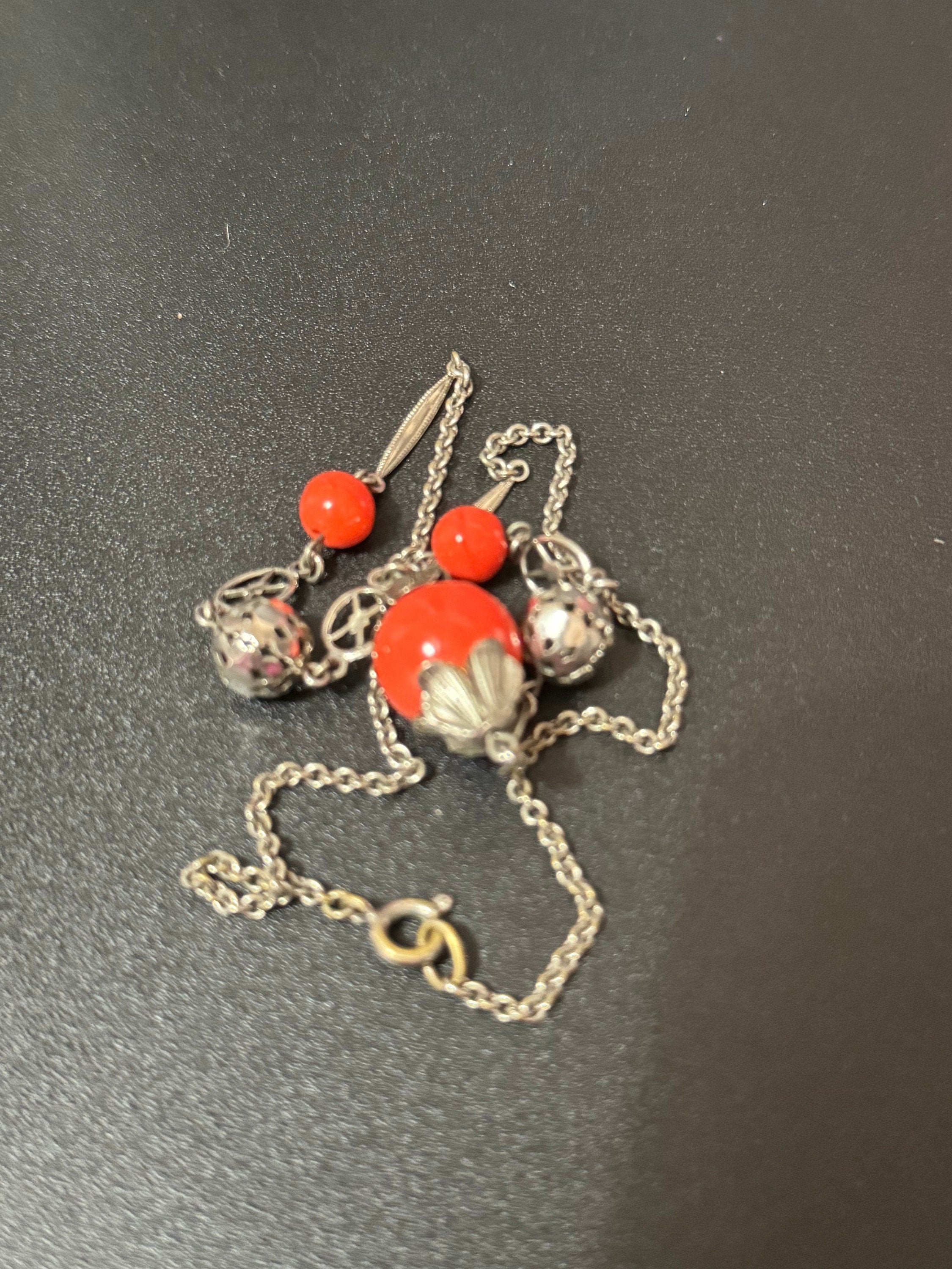 Czech silver filigree bright orange ceramic beaded necklace 1920s art deco