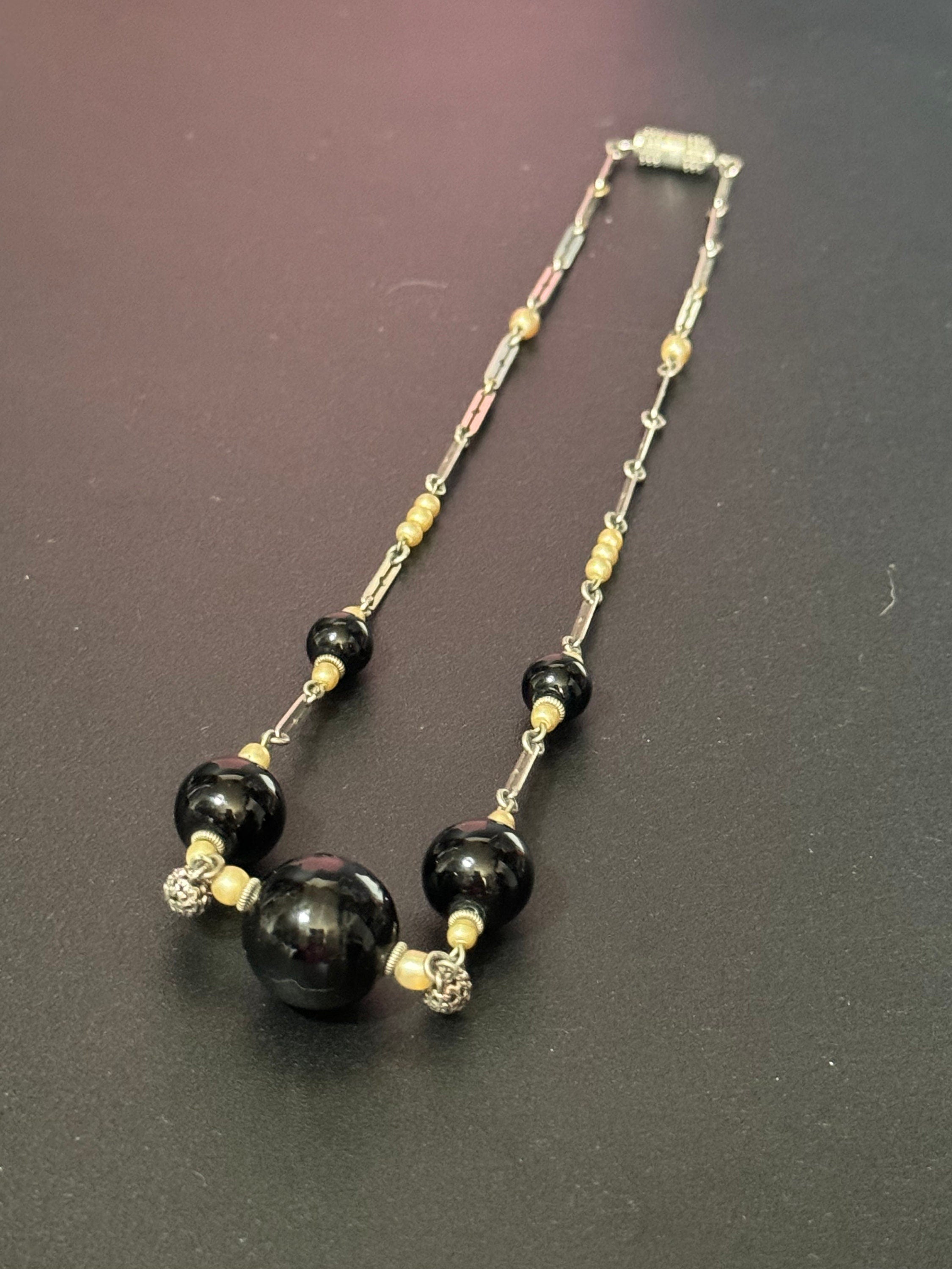 Czech silver filigree and chrome Black glass beaded necklace 1920s art deco