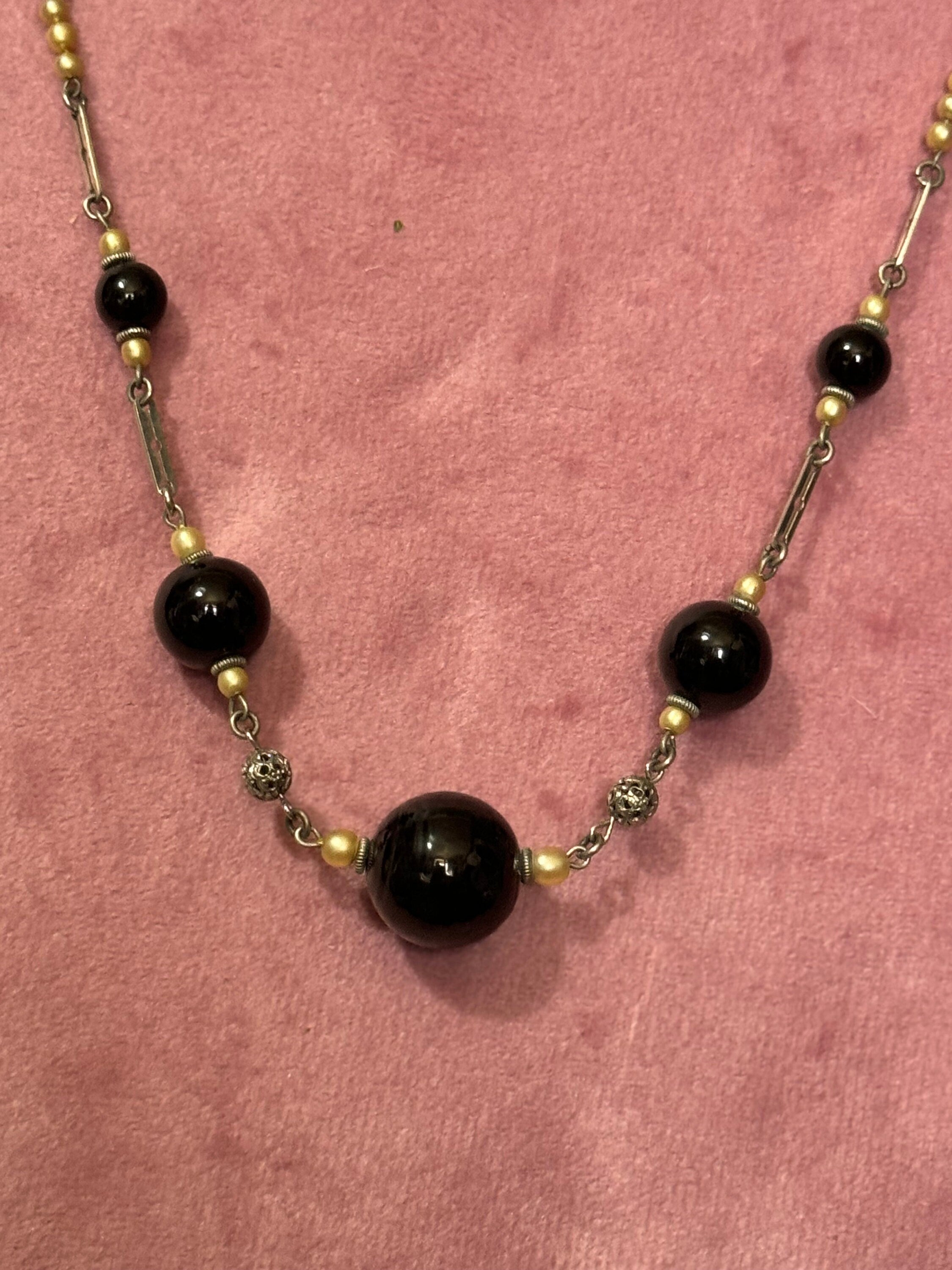 Czech silver filigree and chrome Black glass beaded necklace 1920s art deco