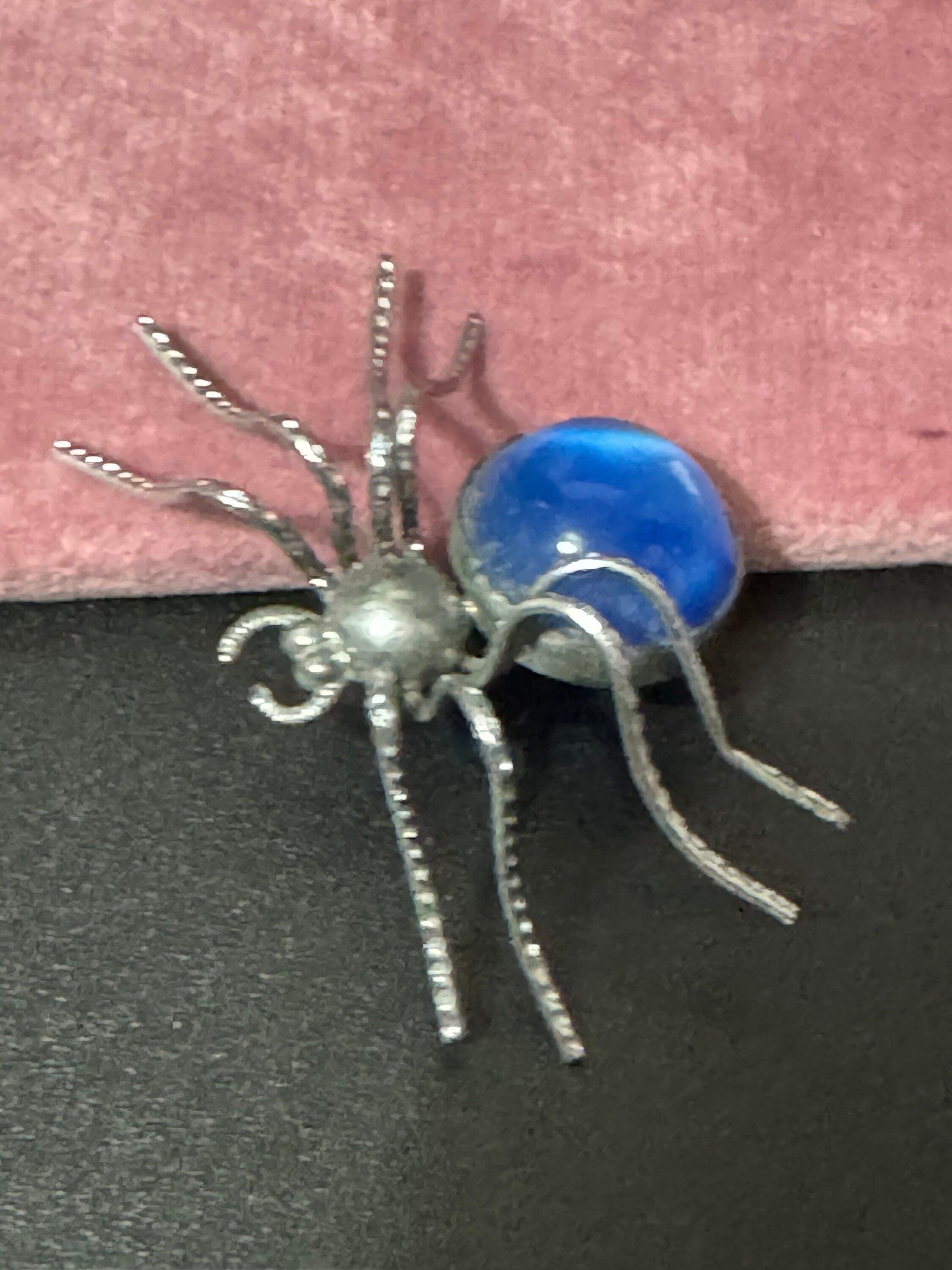 Antique Bug spider Brooch Silver tone chrome Tone with blue glass cabochon insect