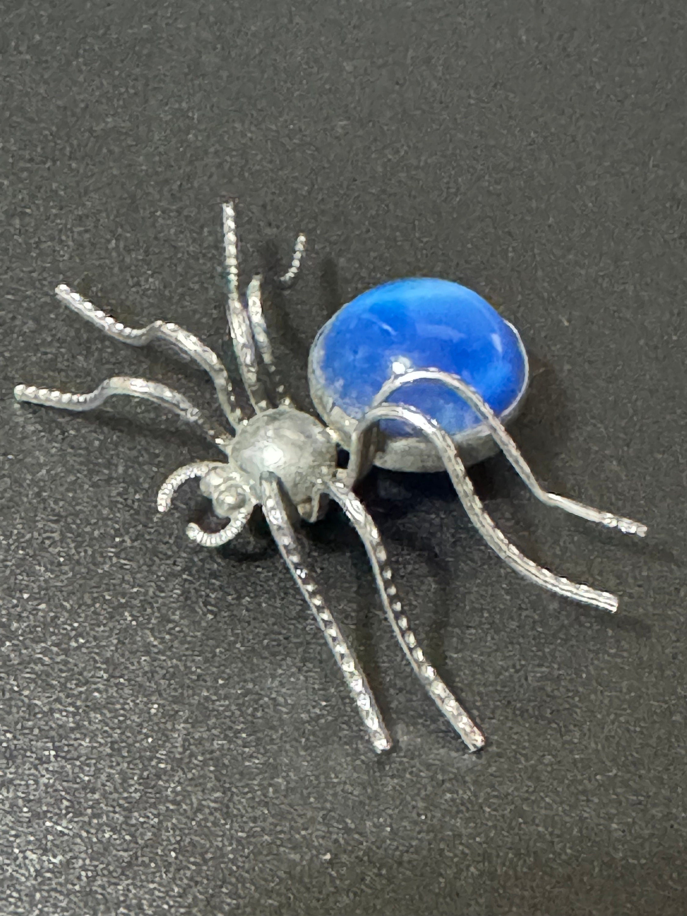 Antique Bug spider Brooch Silver tone chrome Tone with blue glass cabochon insect