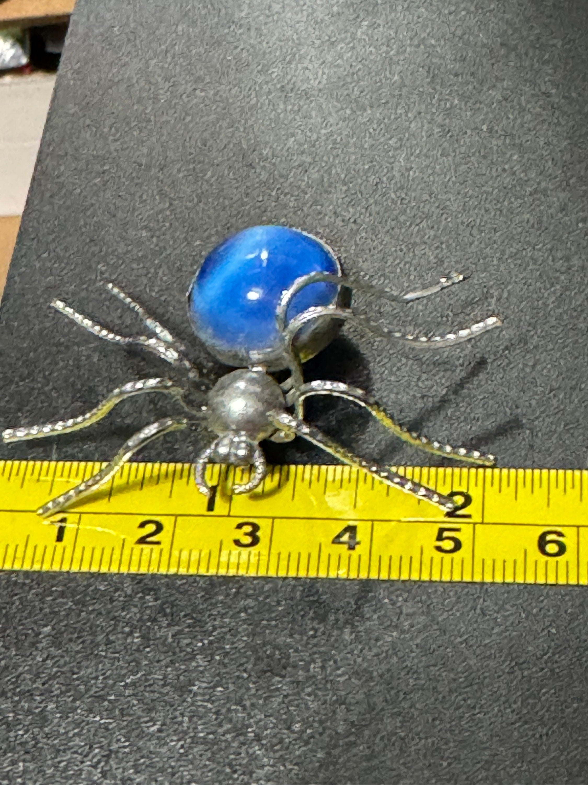 Antique Bug spider Brooch Silver tone chrome Tone with blue glass cabochon insect
