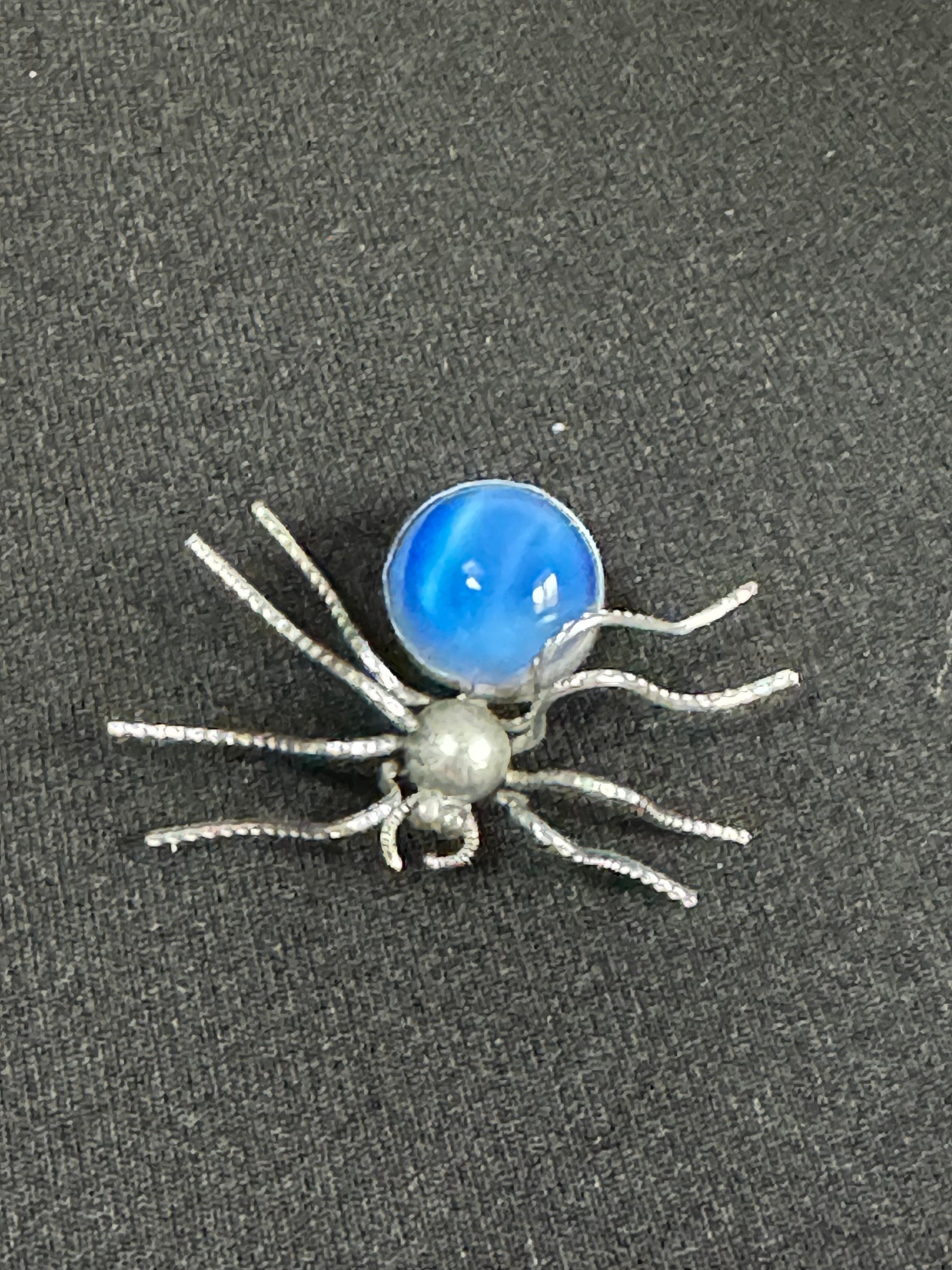 Antique Bug spider Brooch Silver tone chrome Tone with blue glass cabochon insect