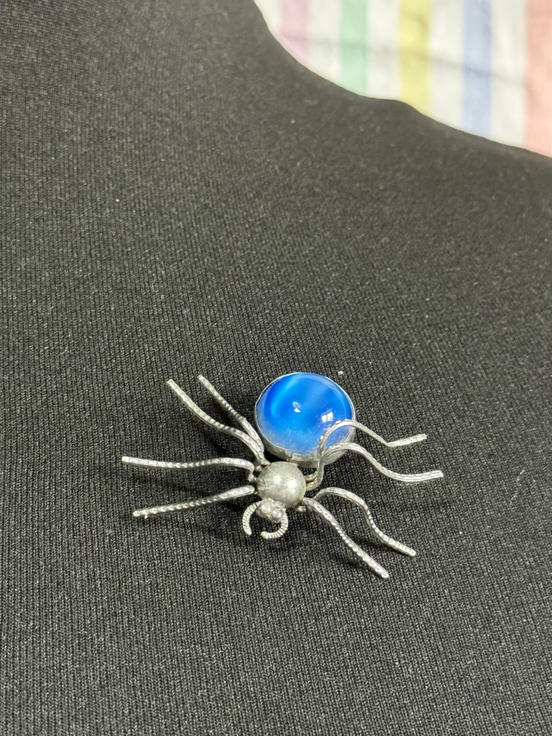 Antique Bug spider Brooch Silver tone chrome Tone with blue glass cabochon insect