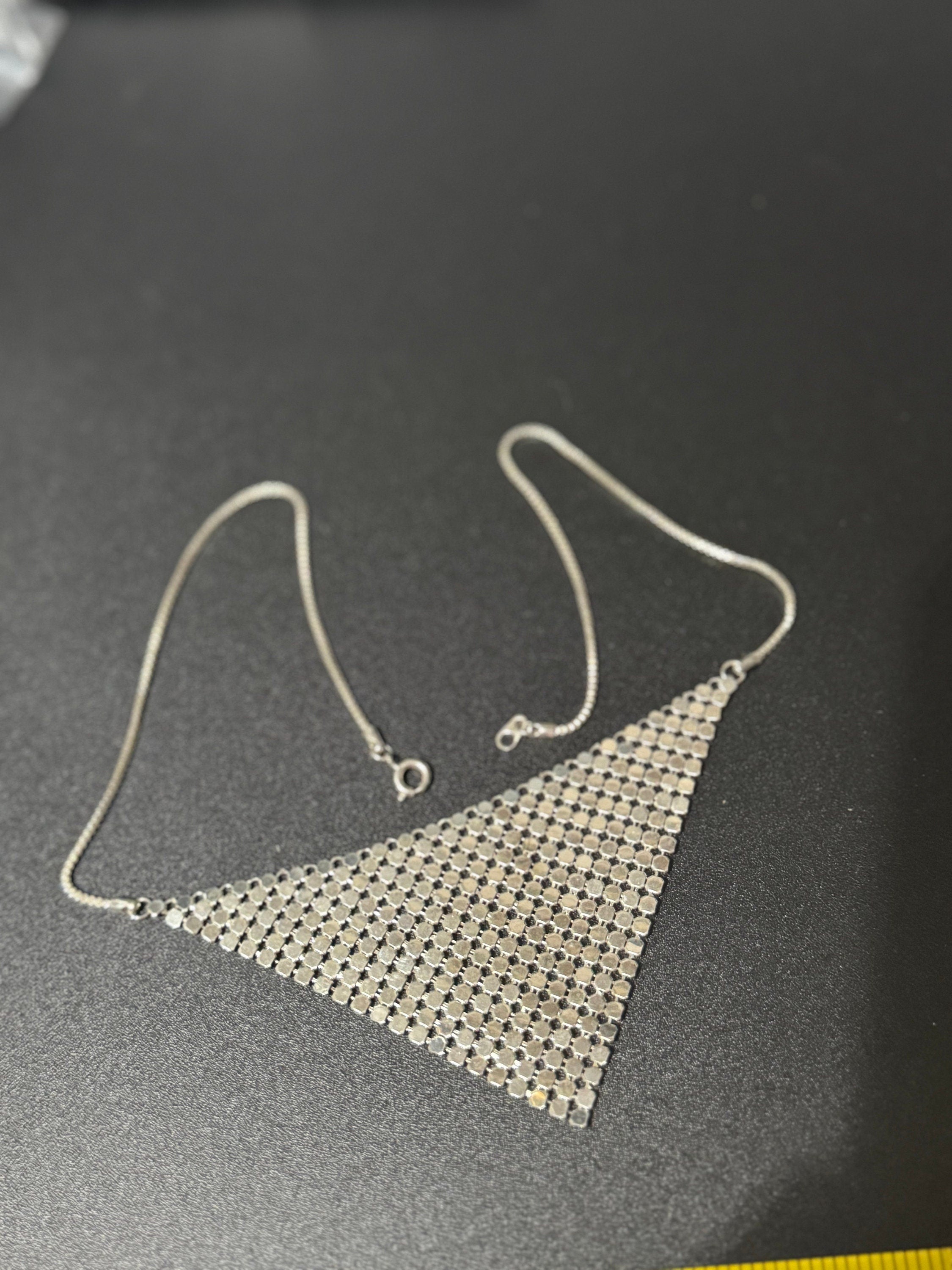 Retro Silver tone mesh box chain mail bib choker necklace 43cm