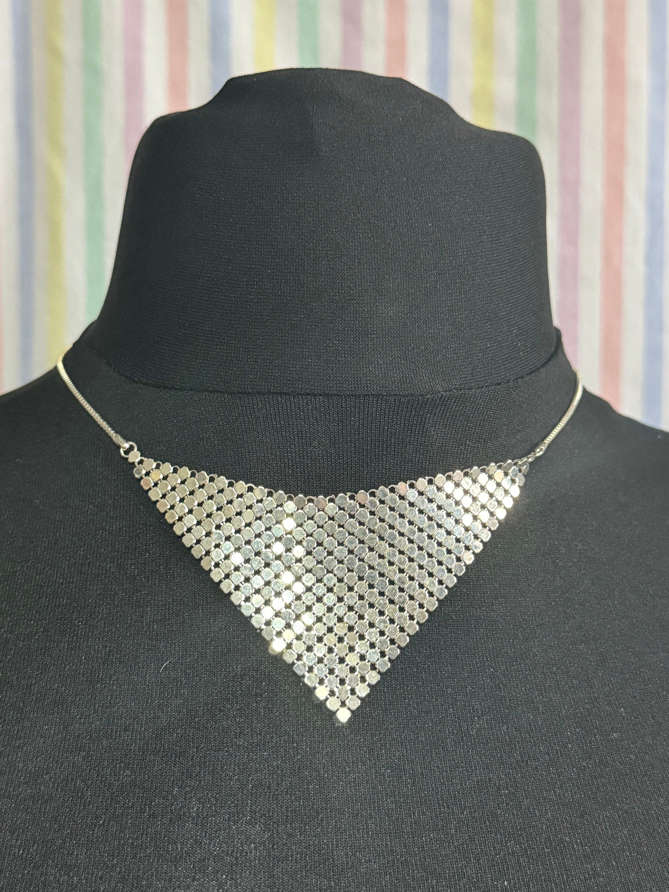 Retro Silver tone mesh box chain mail bib choker necklace 43cm