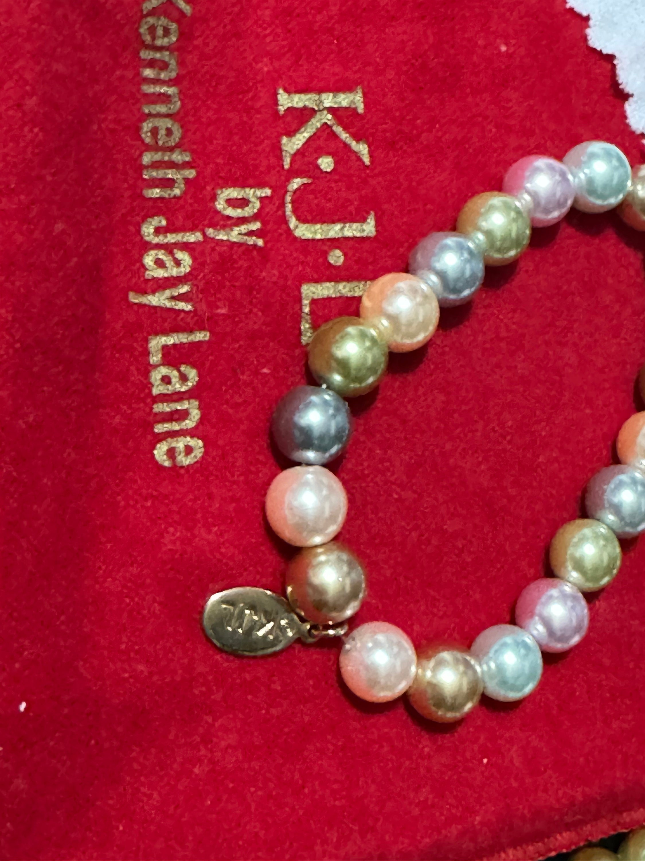 Signed KJL Set of 10 beaded glass pearl bracelets grey pink white Kenneth jay lane