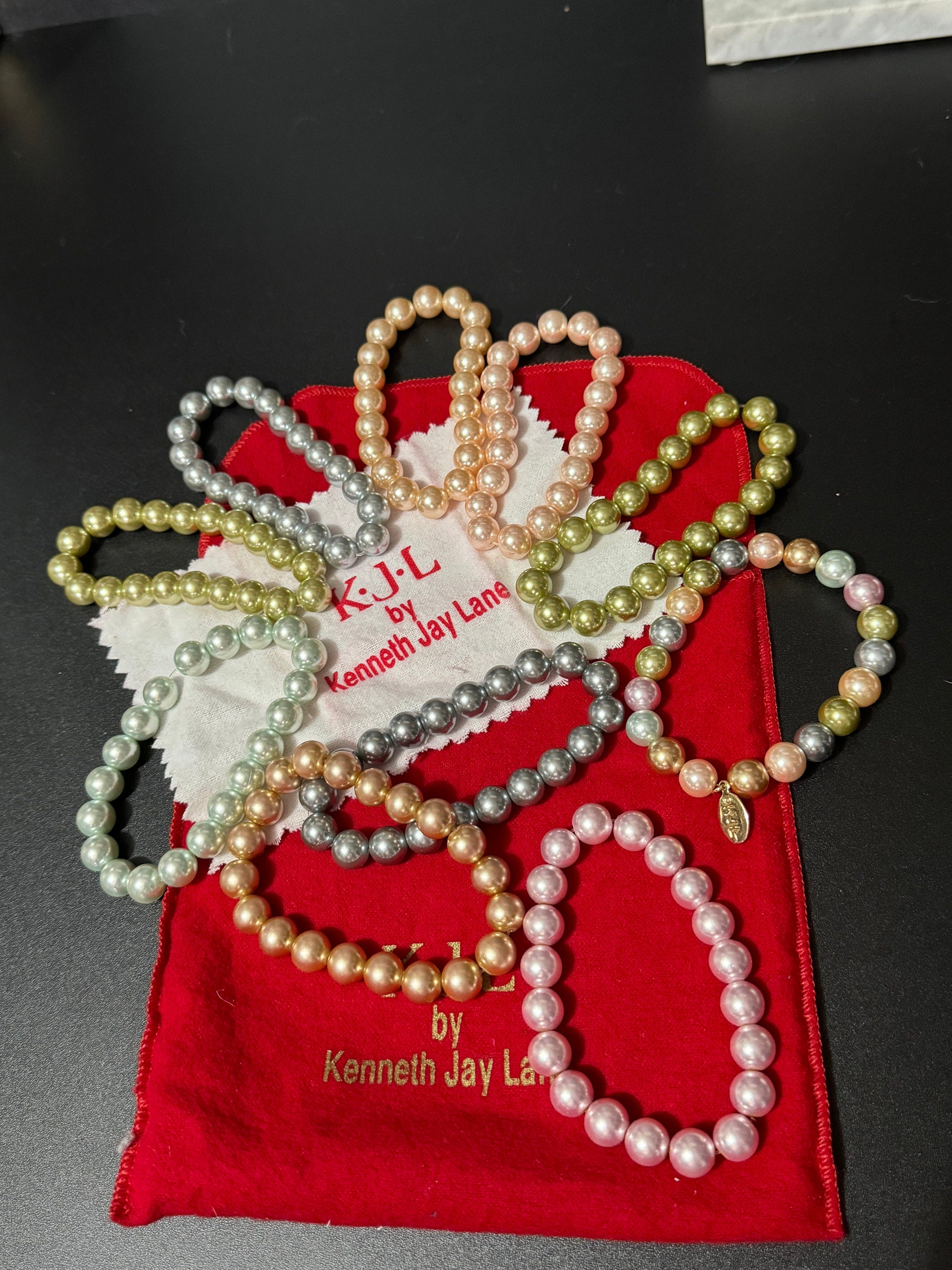Signed KJL Set of 10 beaded glass pearl bracelets grey pink white Kenneth jay lane