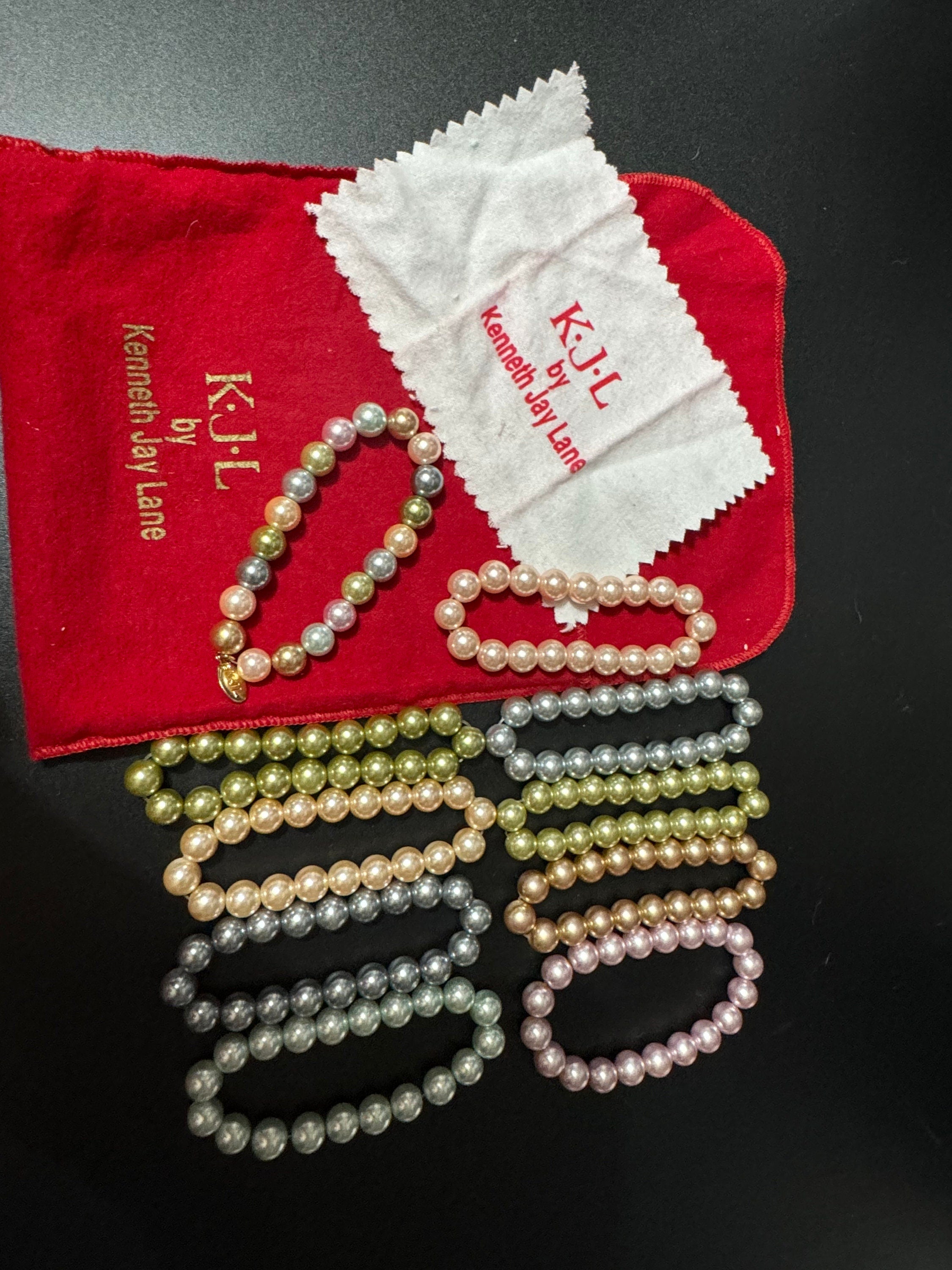 Signed KJL Set of 10 beaded glass pearl bracelets grey pink white Kenneth jay lane
