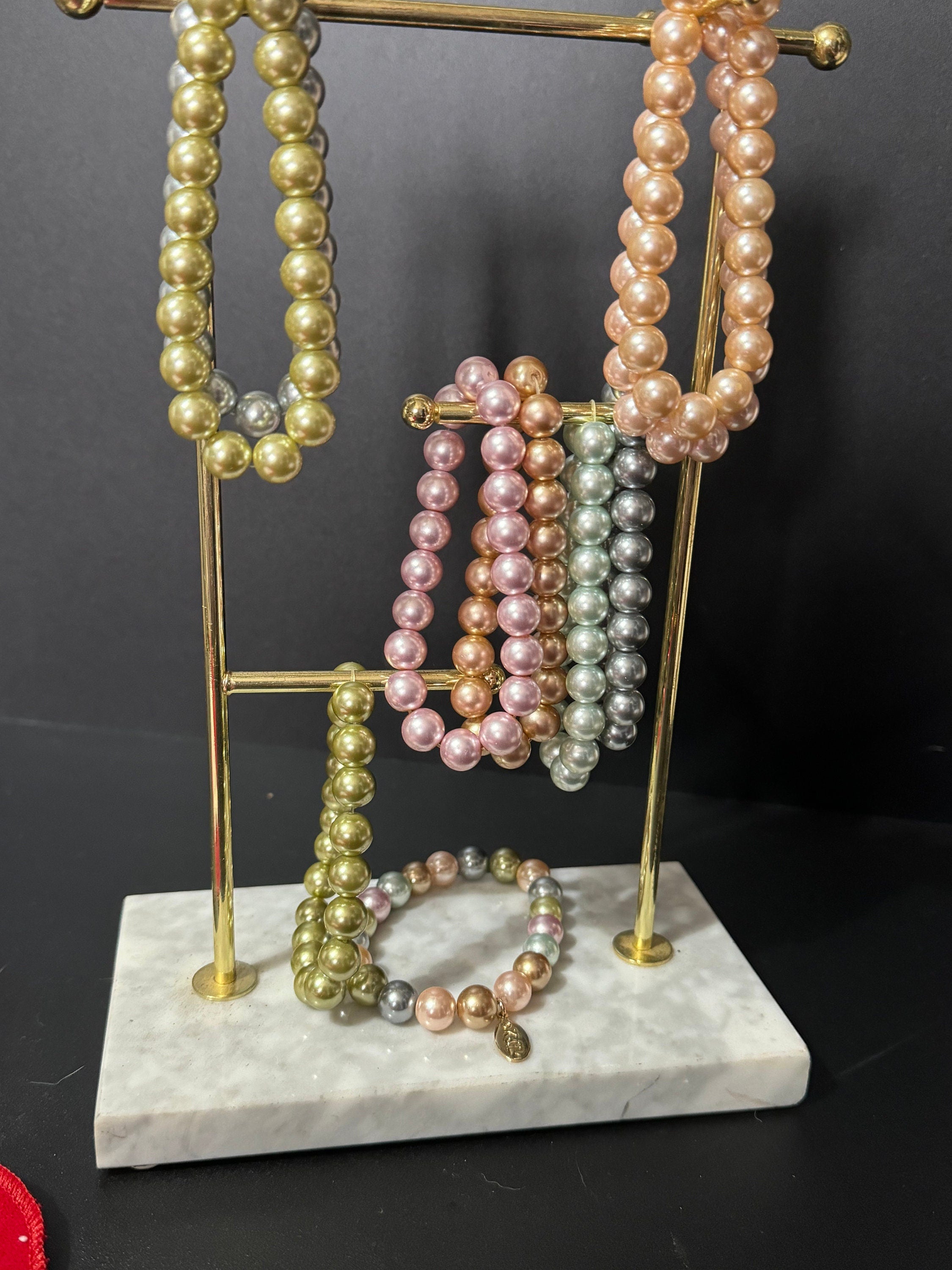 Signed KJL Set of 10 beaded glass pearl bracelets grey pink white Kenneth jay lane