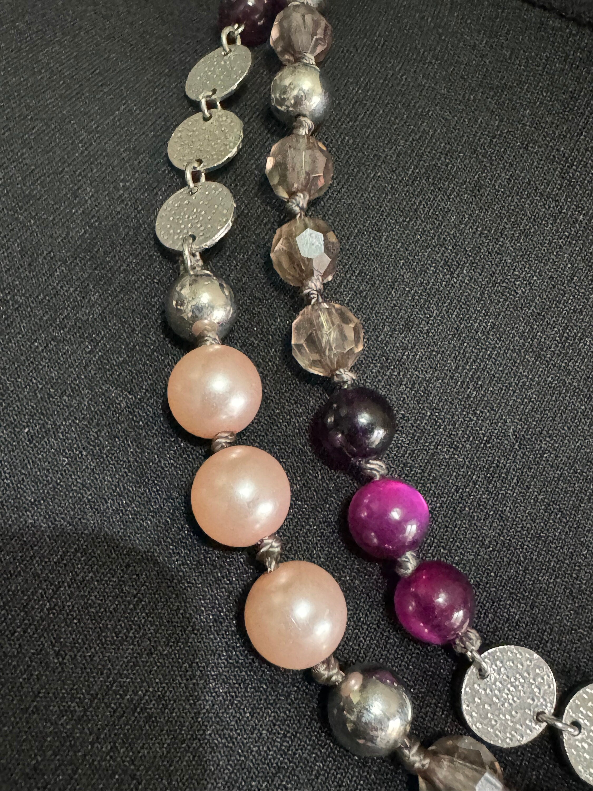 Retro long plastic beaded pink pearl faux crystal and purple beaded layering necklace 110cm