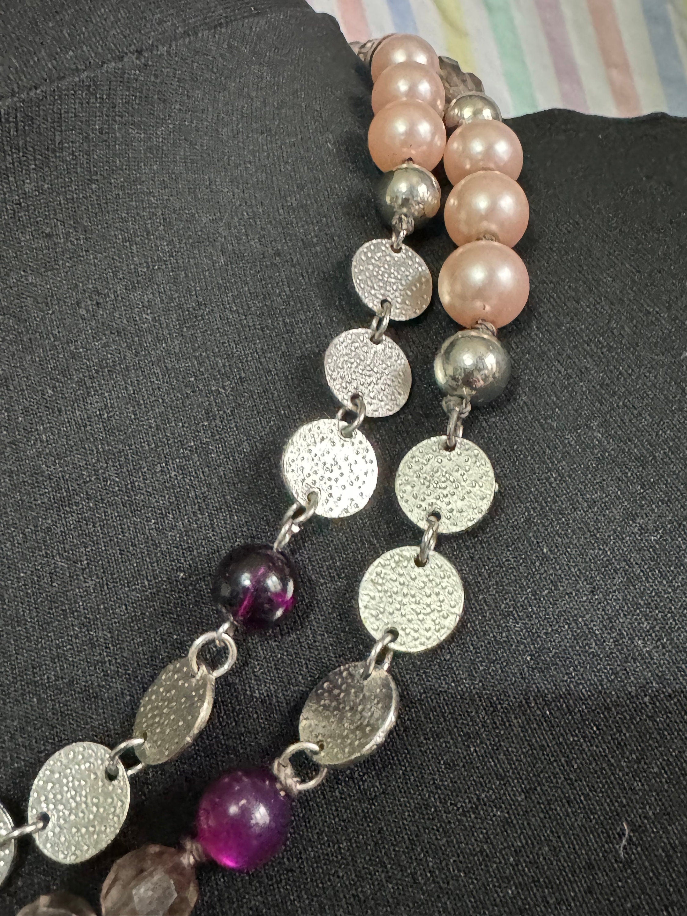 Retro long plastic beaded pink pearl faux crystal and purple beaded layering necklace 110cm