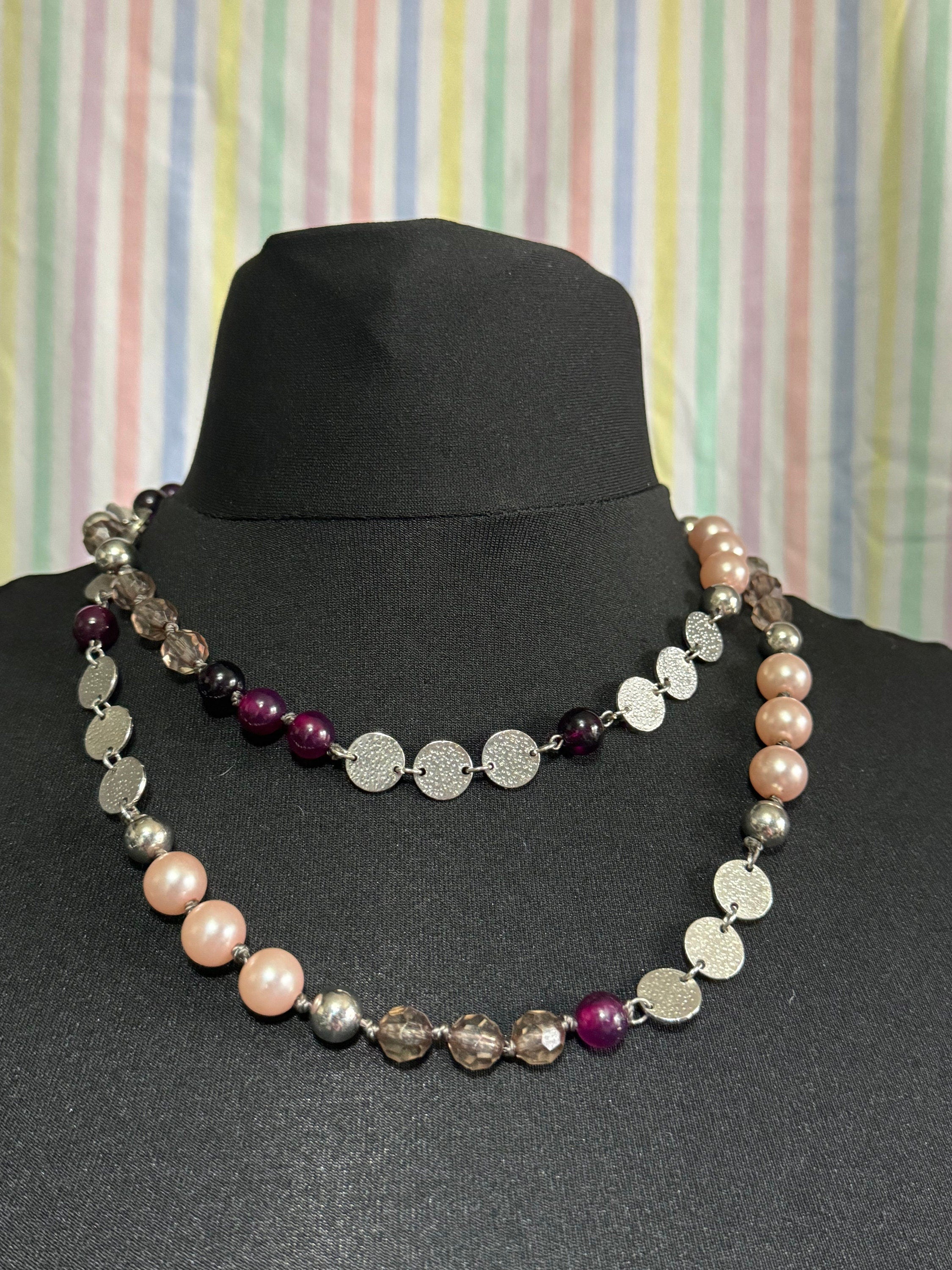 Retro long plastic beaded pink pearl faux crystal and purple beaded layering necklace 110cm