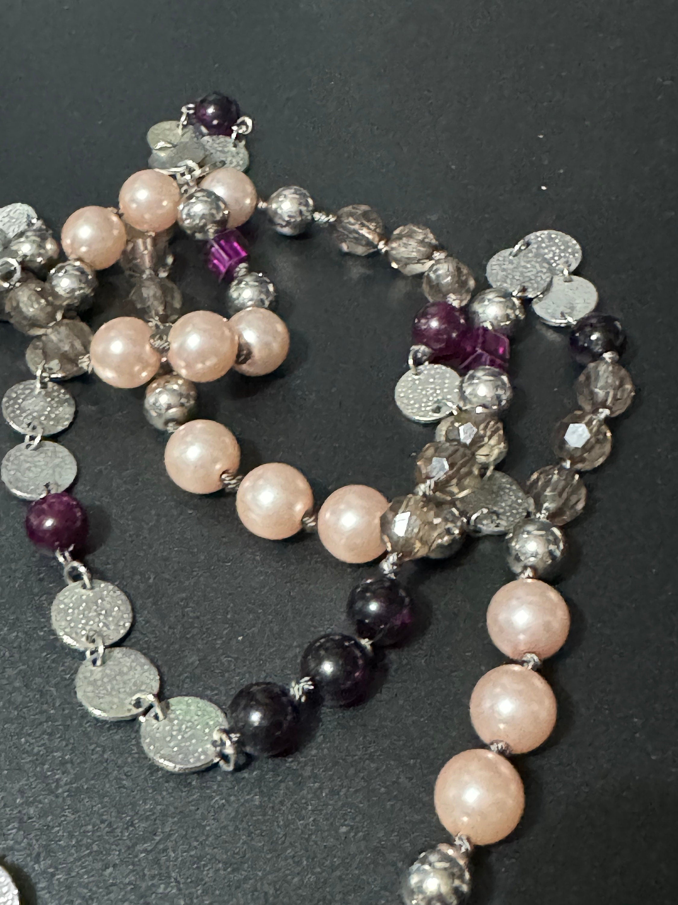 Retro long plastic beaded pink pearl faux crystal and purple beaded layering necklace 110cm