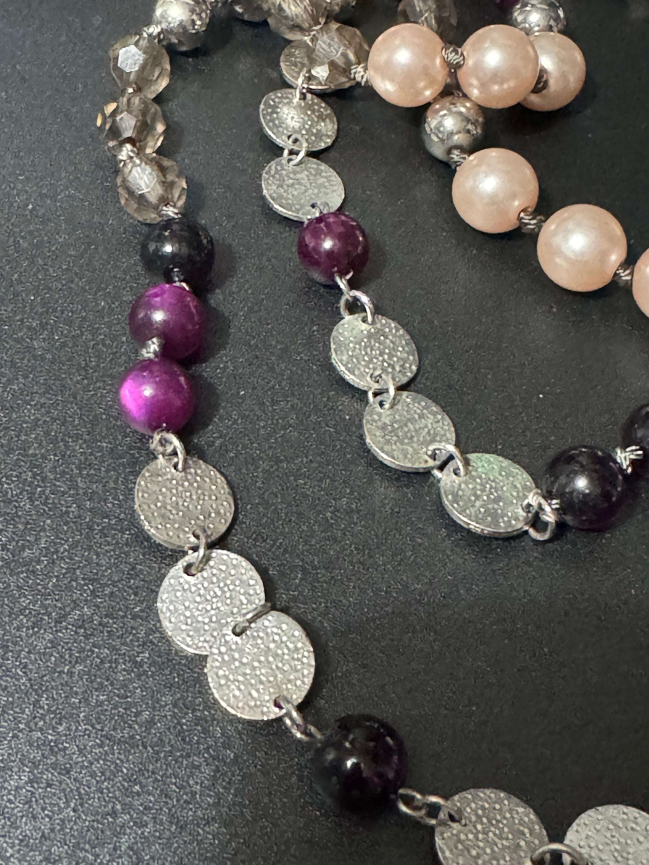 Retro long plastic beaded pink pearl faux crystal and purple beaded layering necklace 110cm