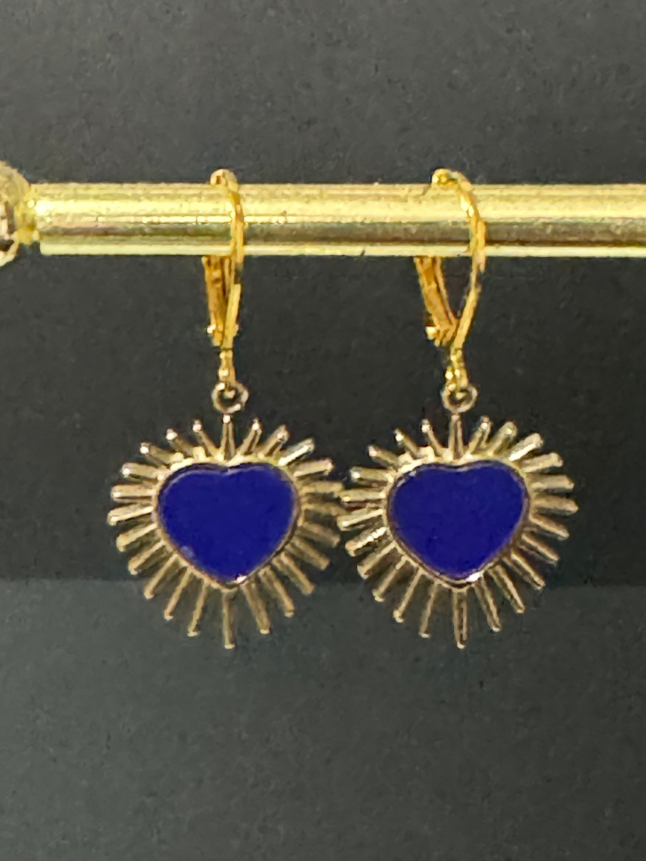 Gold tone blue enamel starburst love heart charm earrings Victoriana style pierced