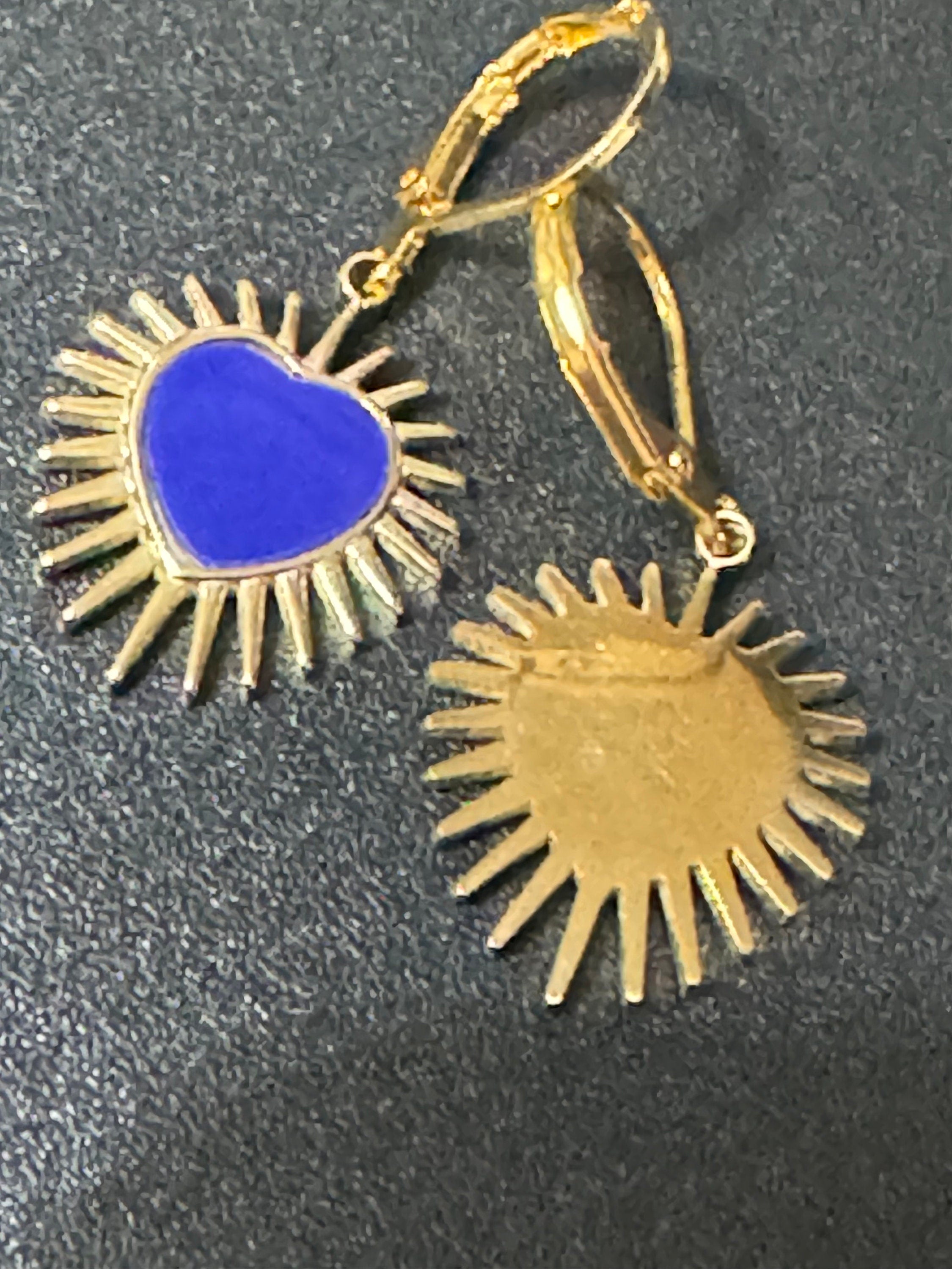 Gold tone blue enamel starburst love heart charm earrings Victoriana style pierced