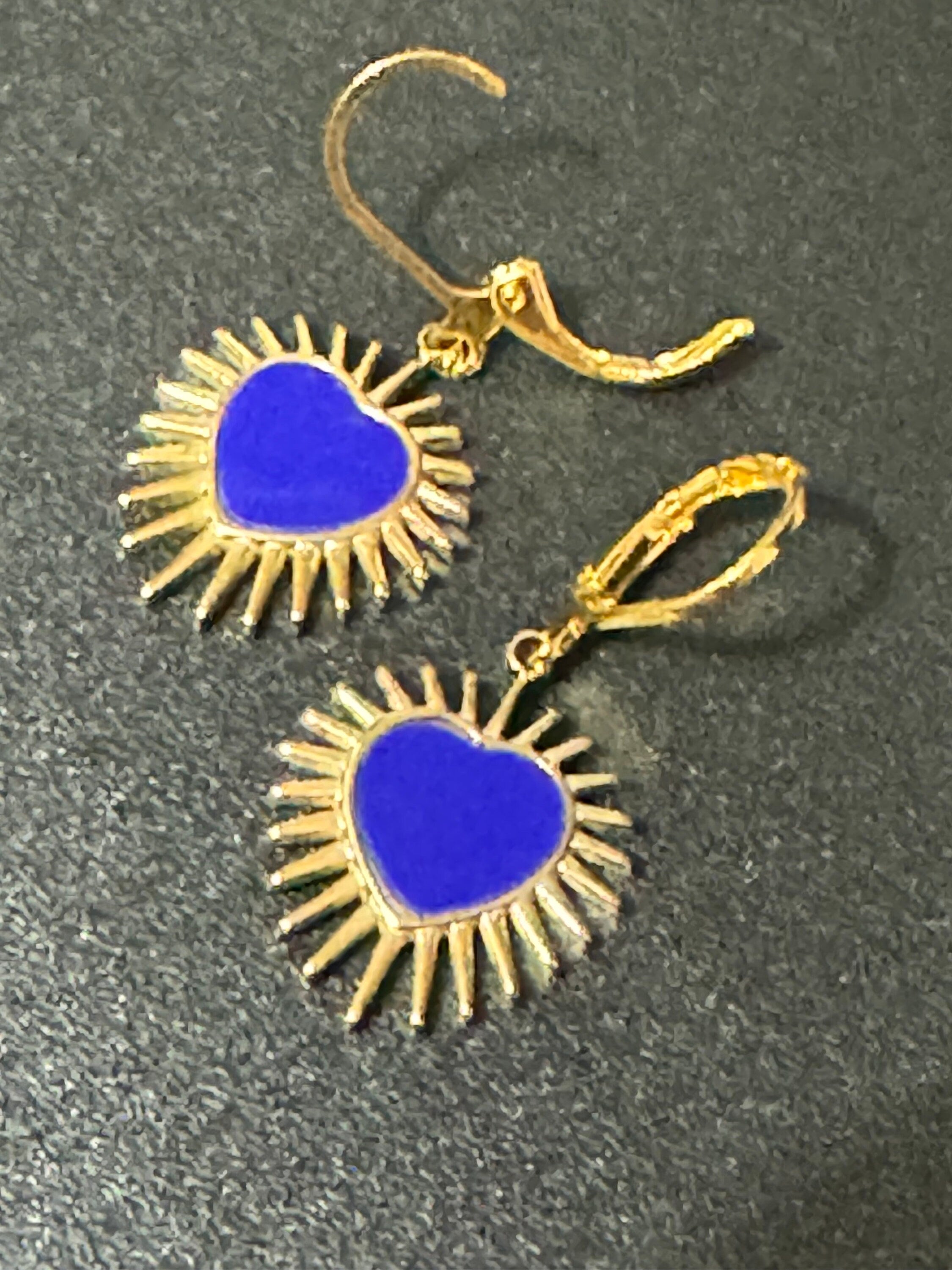 Gold tone blue enamel starburst love heart charm earrings Victoriana style pierced