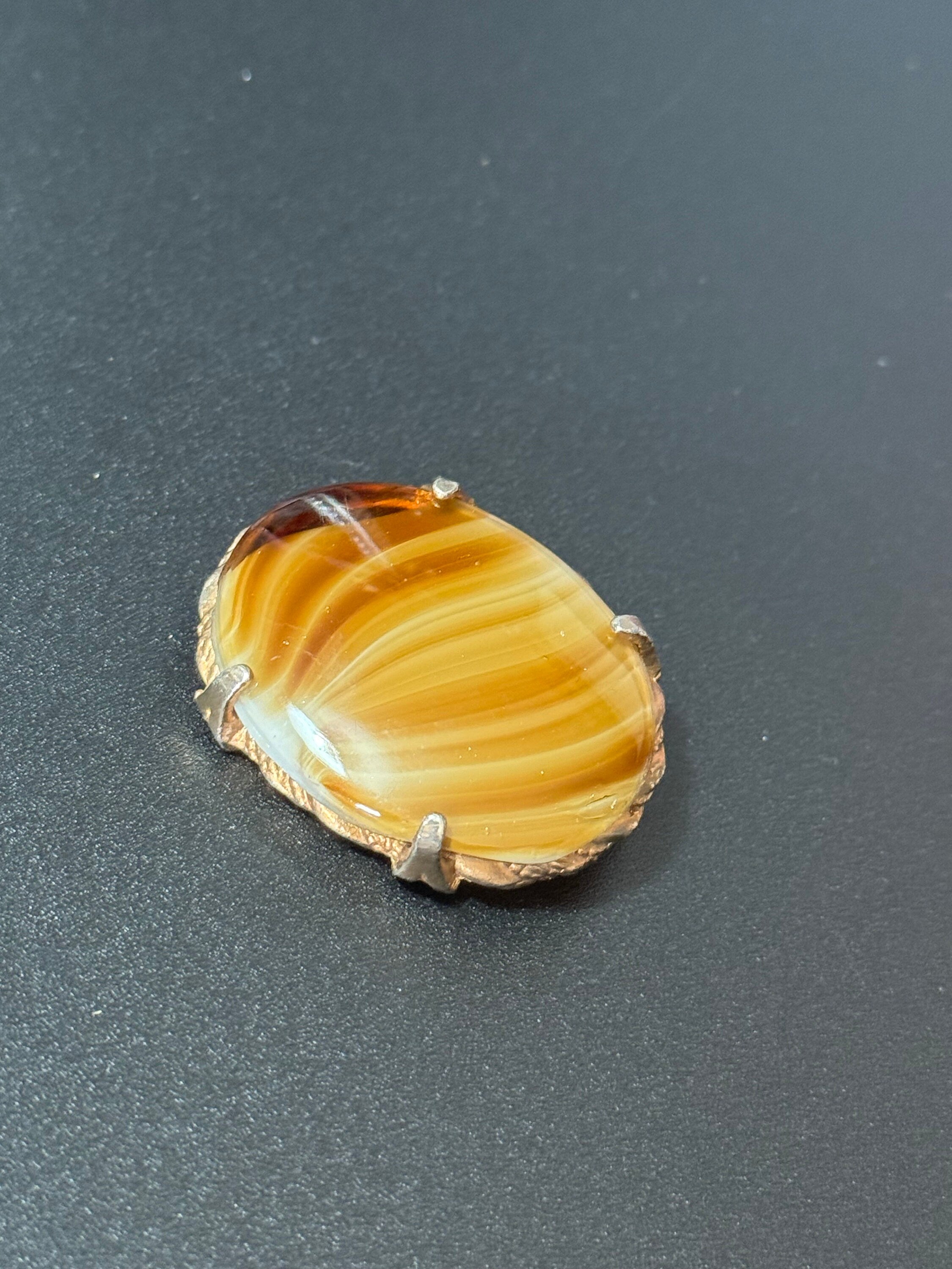 Gold tone oval brooch large brown faux marble agate glass vintage 5cm large
