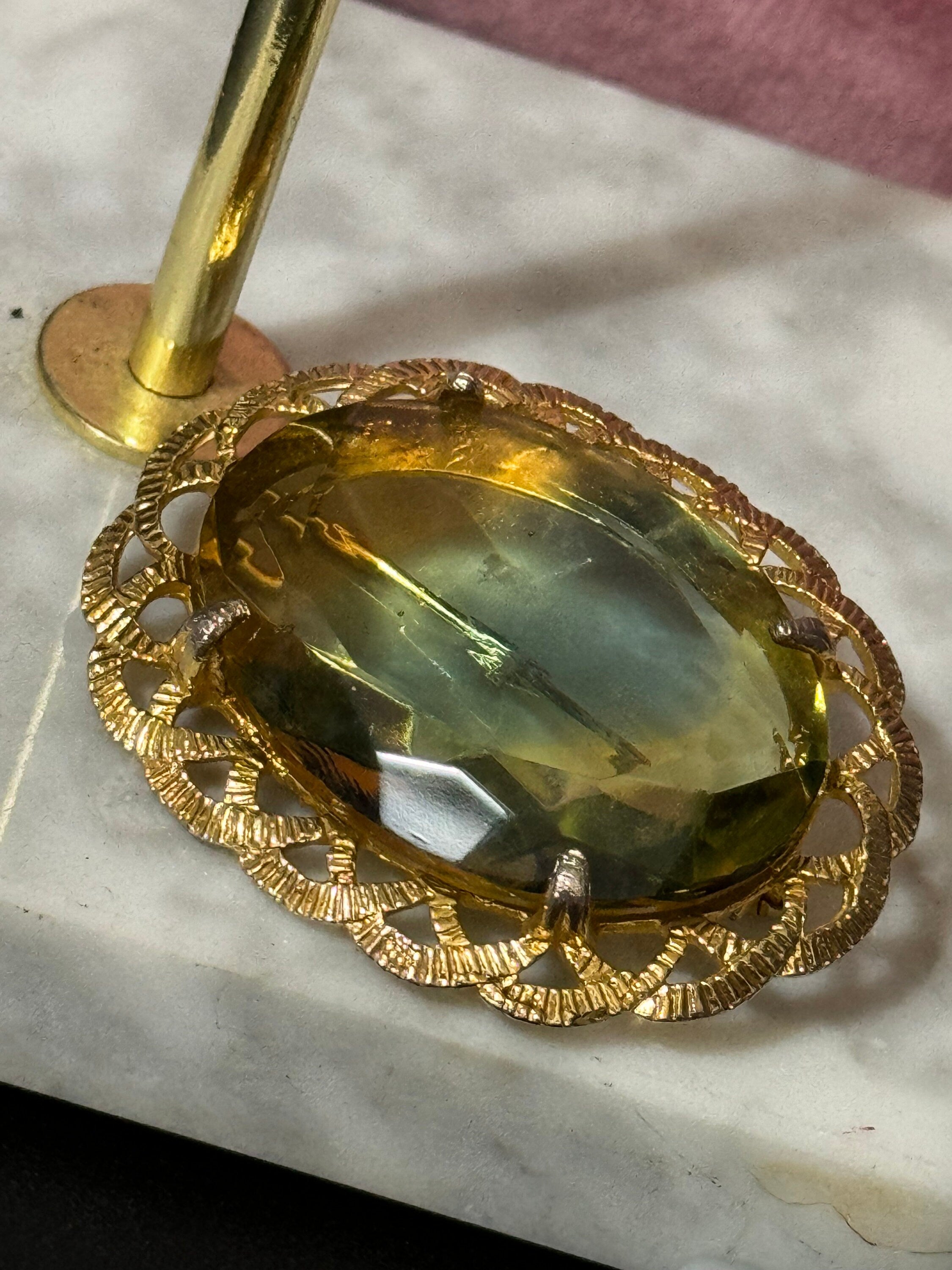 vintage celtic style scottish brooch large orange topaz brown glass