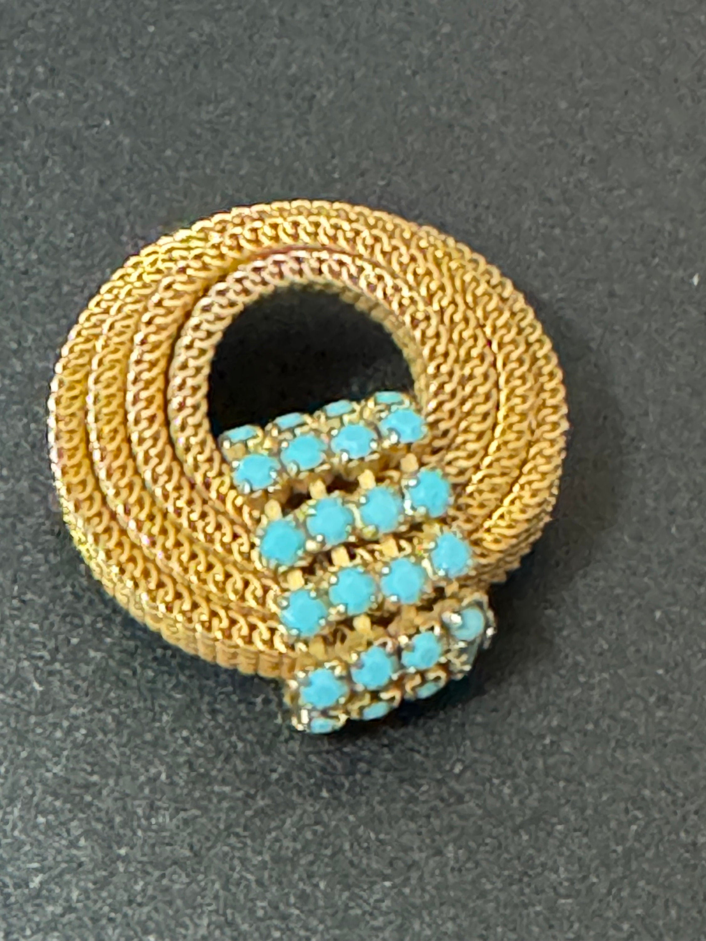 vintage modernist mid century gold tone mesh turquoise beaded abstract swirl round knot brooch 4cm 1960s 1970s