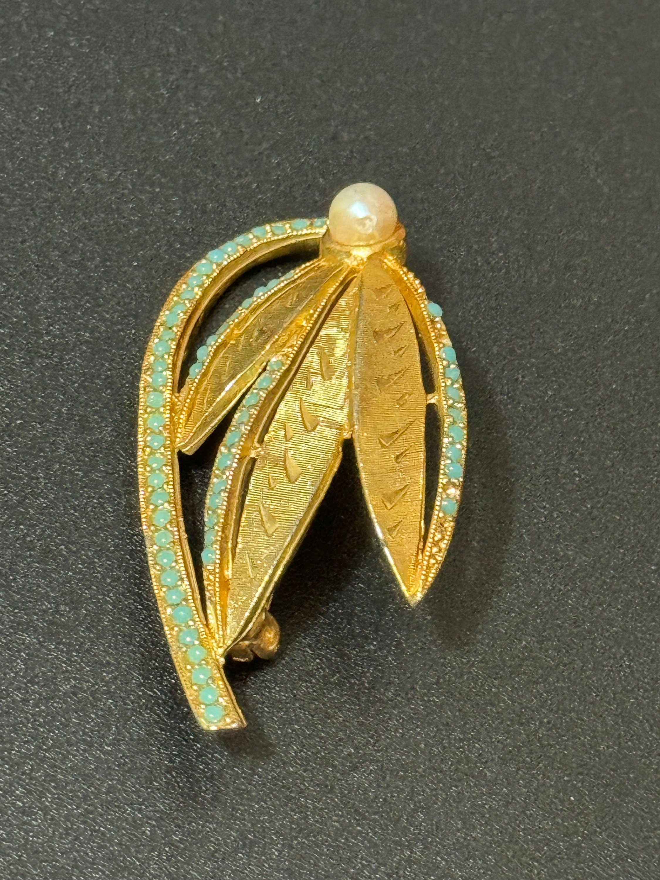 vintage modernist gold tone turquoise nano beaded abstract floral snowdrop brooch