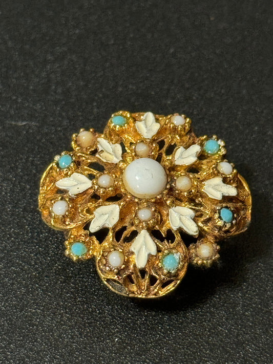 vintage gold tone White enamel turquoise bead & seed pearl round brooch