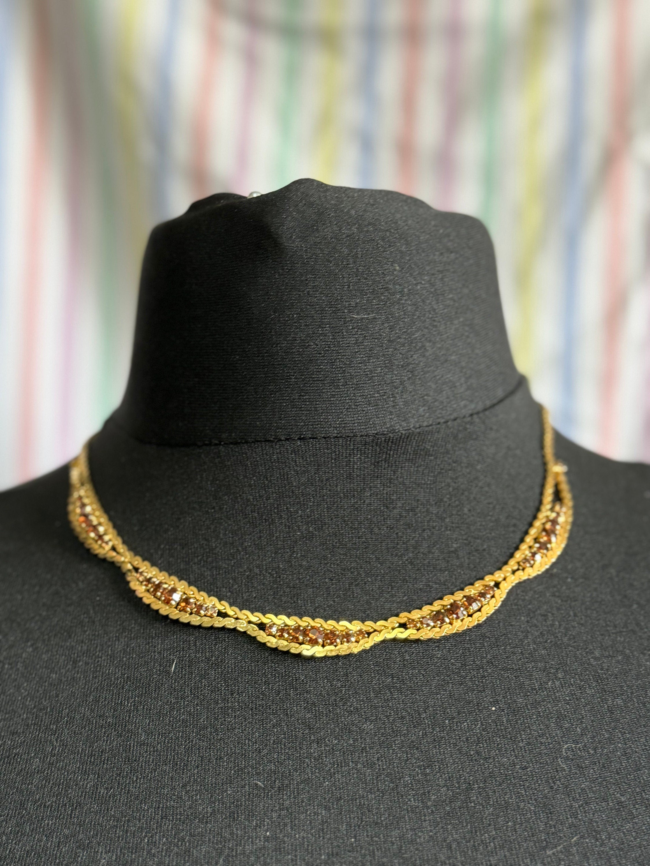 Brown cognac glass diamanté mesh serpentine necklace Vintage gold tone