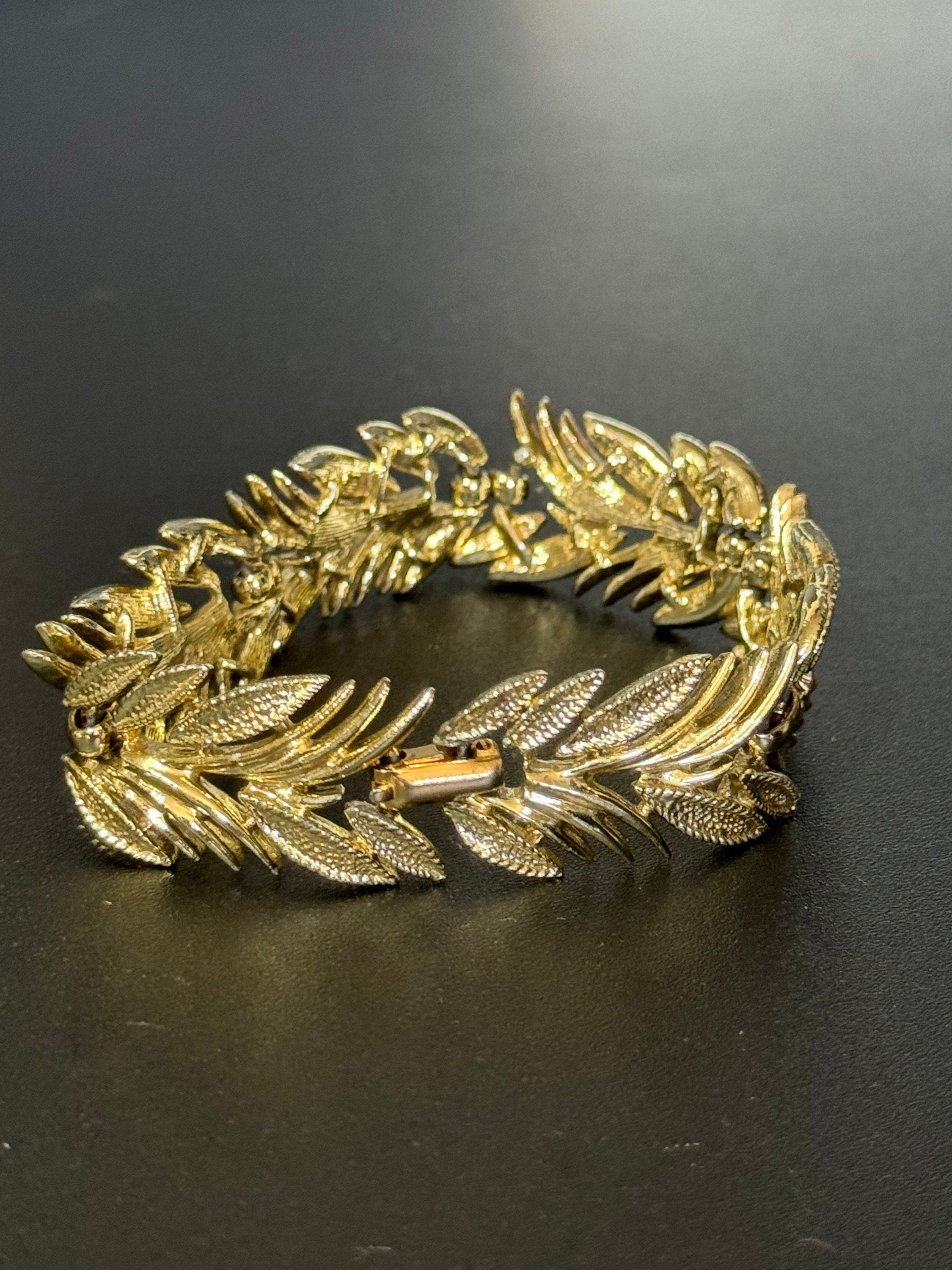 Signed Judy Lee vintage gold tone leaf bracelet panel link mid century