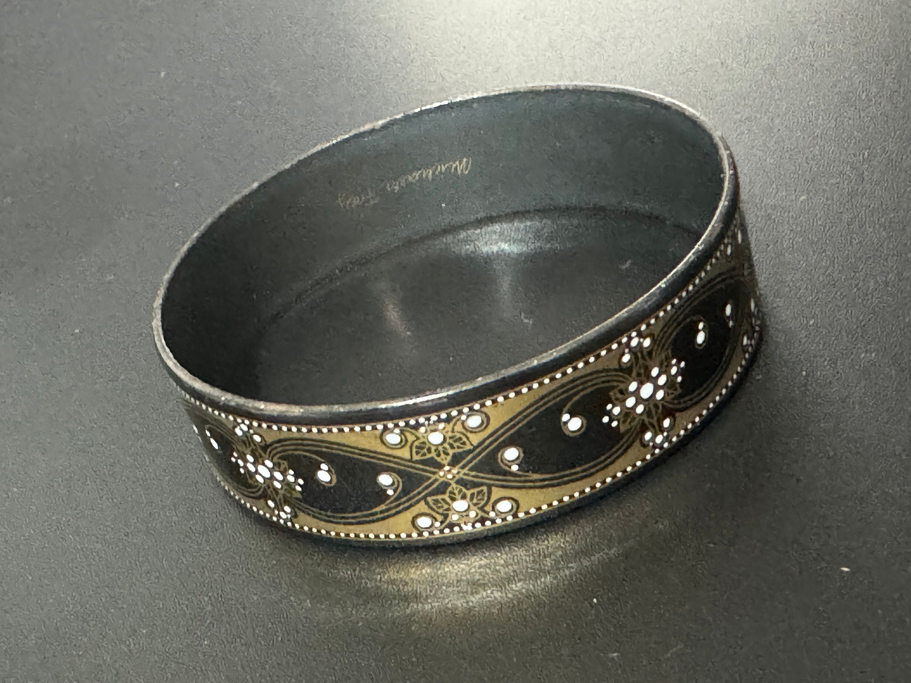 Vintage Michaela Frey black and gold enamel bangle, antique style wide from Austria