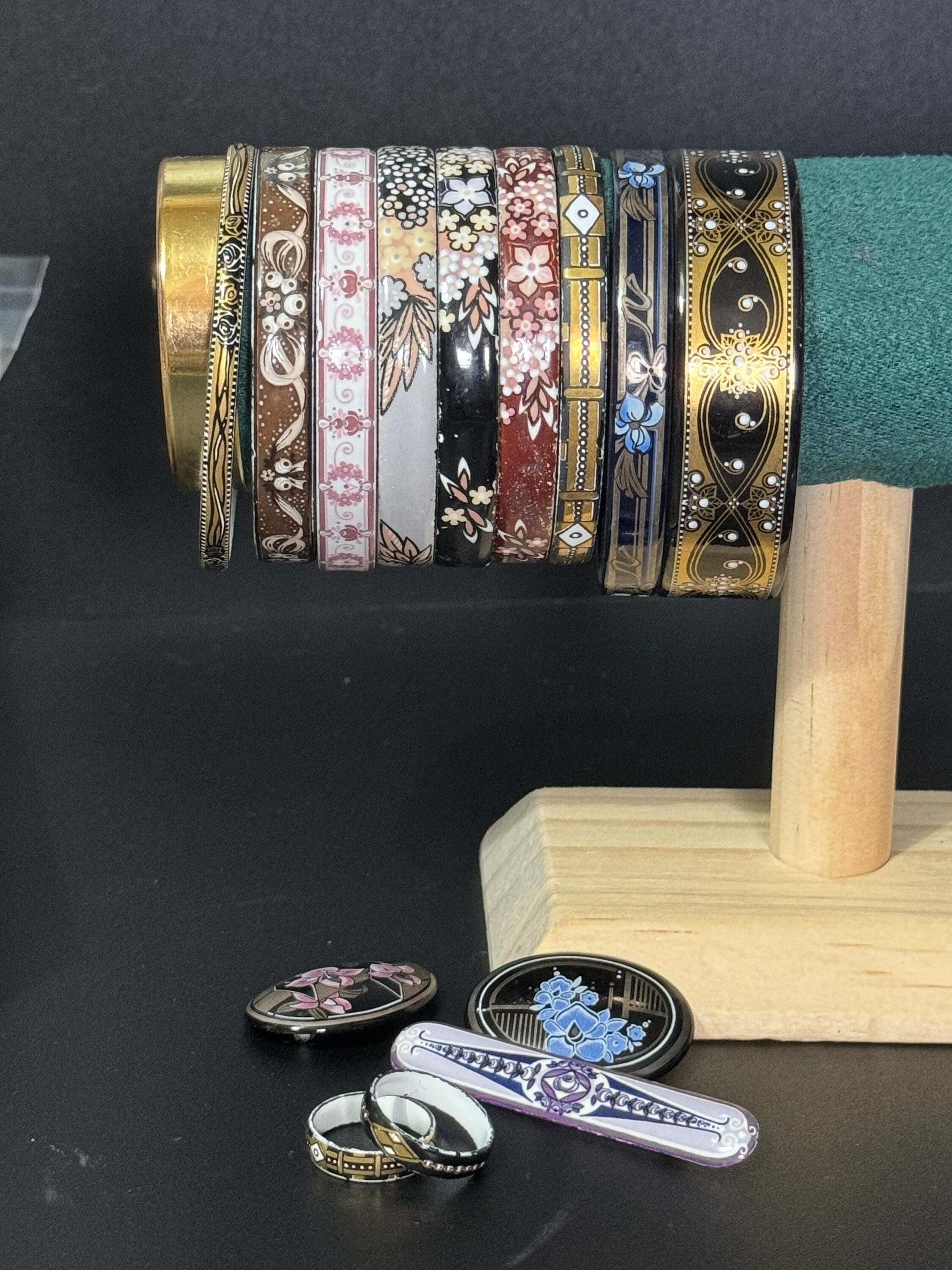 Vintage Michaela Frey black and gold enamel bangle, antique style wide from Austria