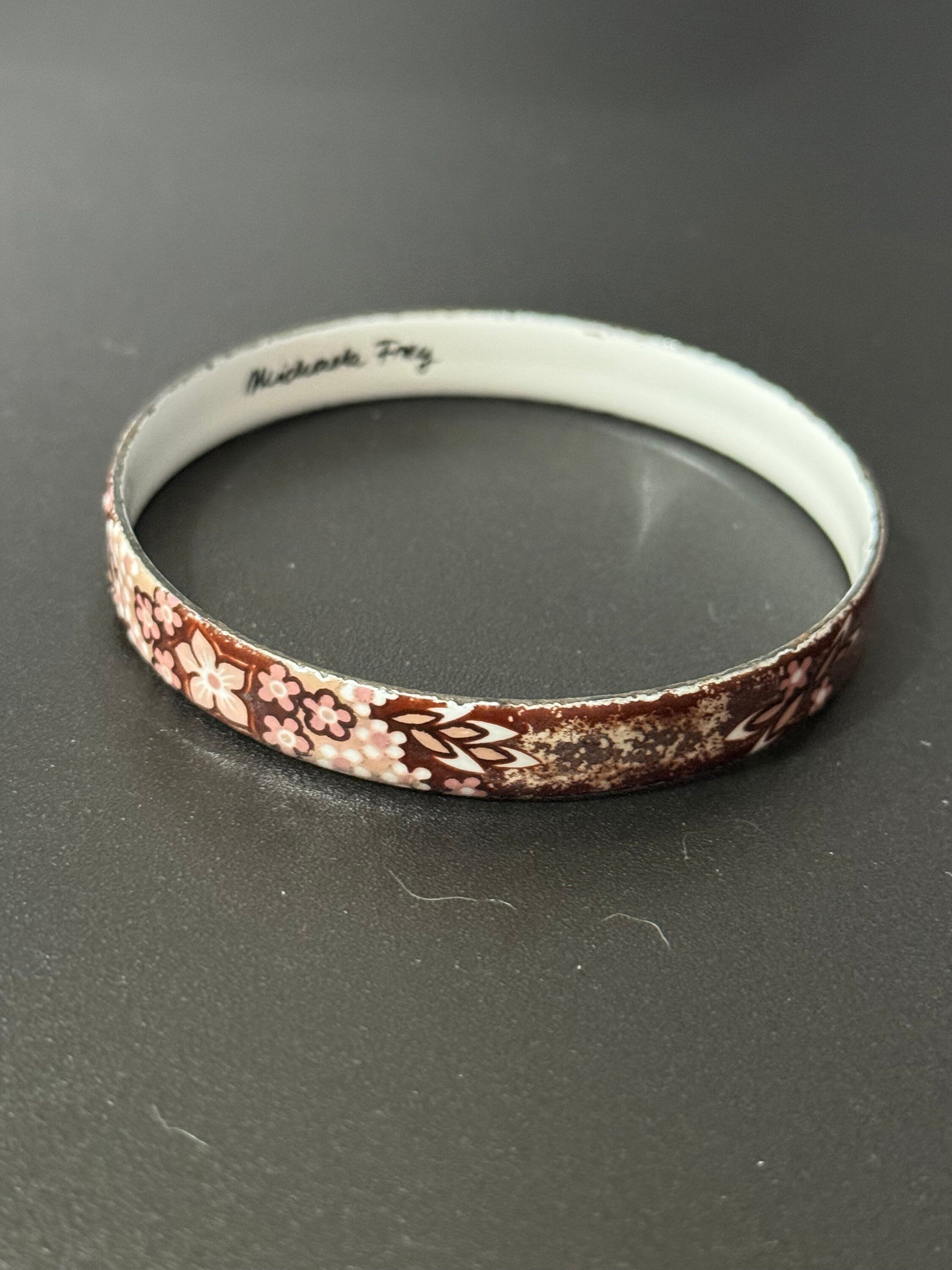 Austrian Vintage Michaela Frey brown white and gold enamel antique style floral bangle from Austria