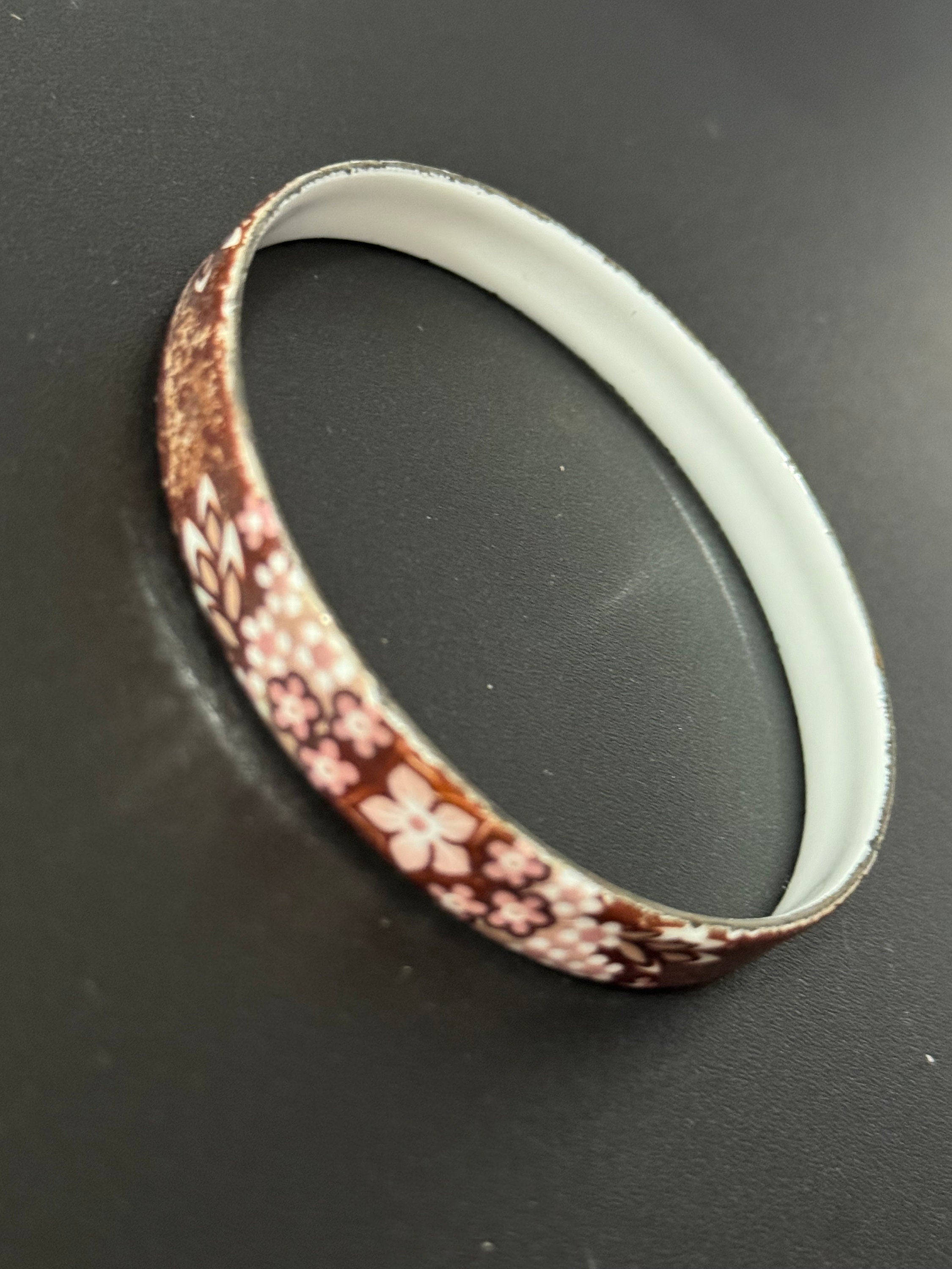 Austrian Vintage Michaela Frey brown white and gold enamel antique style floral bangle from Austria