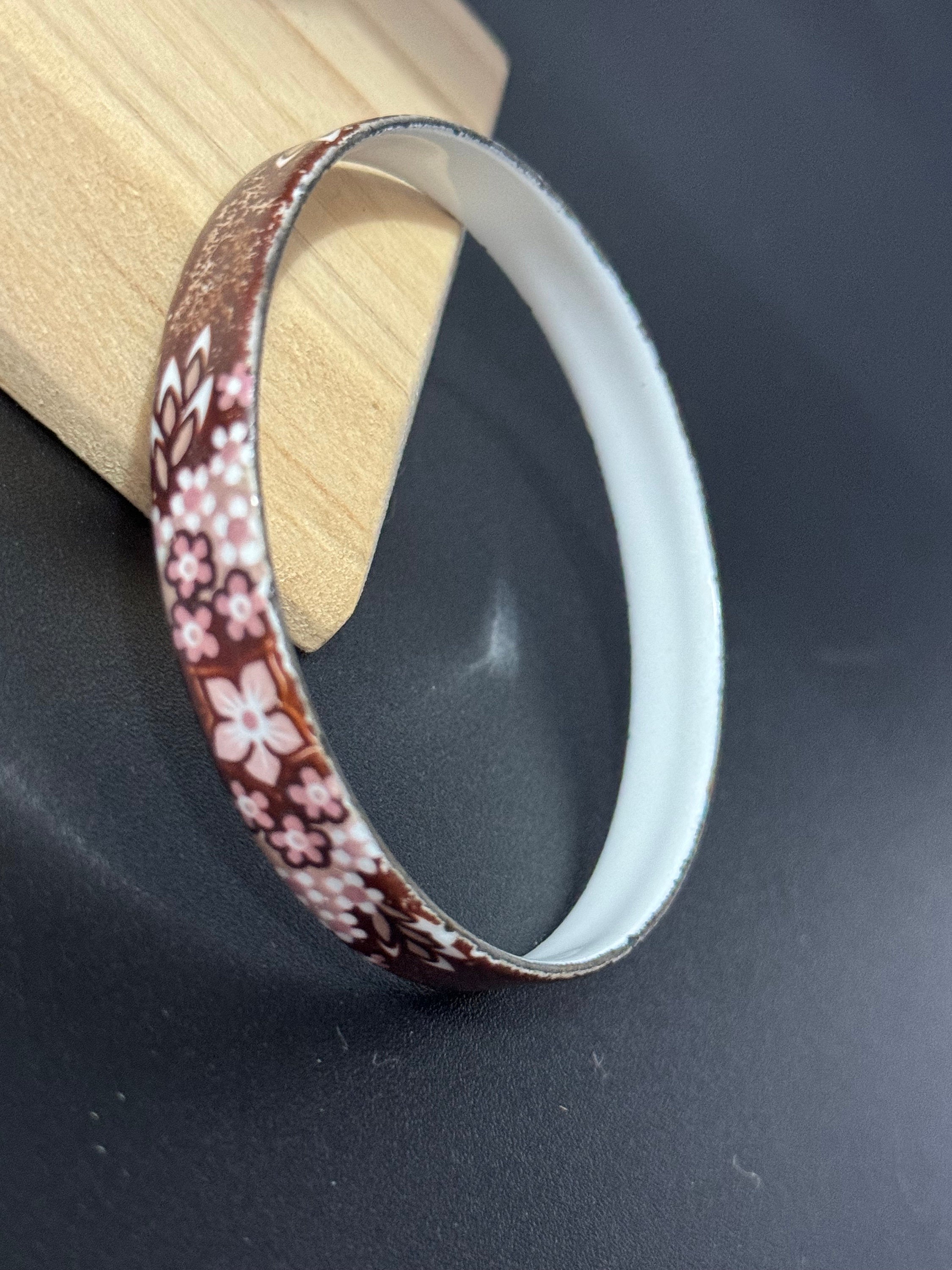 Austrian Vintage Michaela Frey brown white and gold enamel antique style floral bangle from Austria