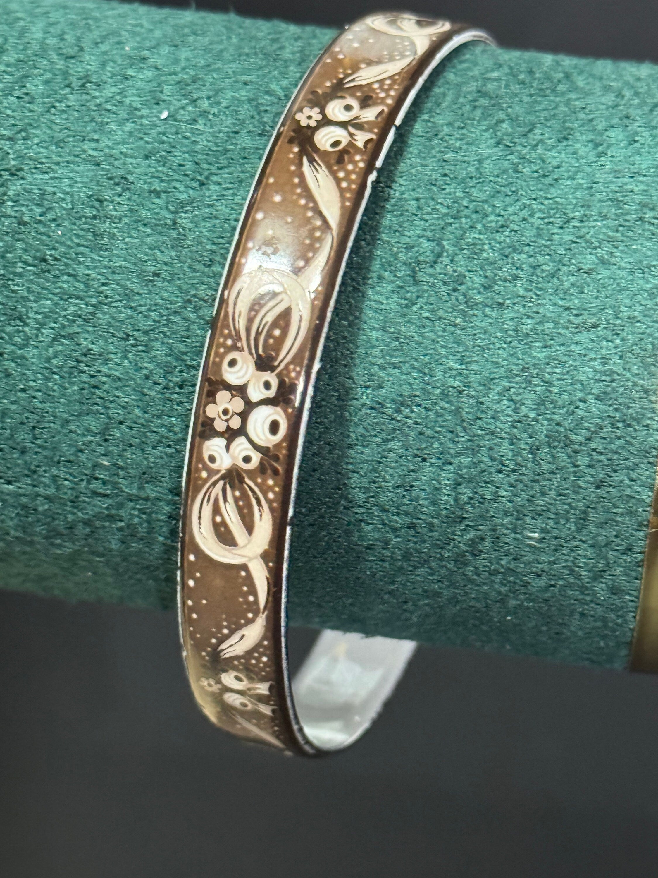 Austrian Vintage Michaela Frey black, white and gold enamel antique style floral bangle from Austria