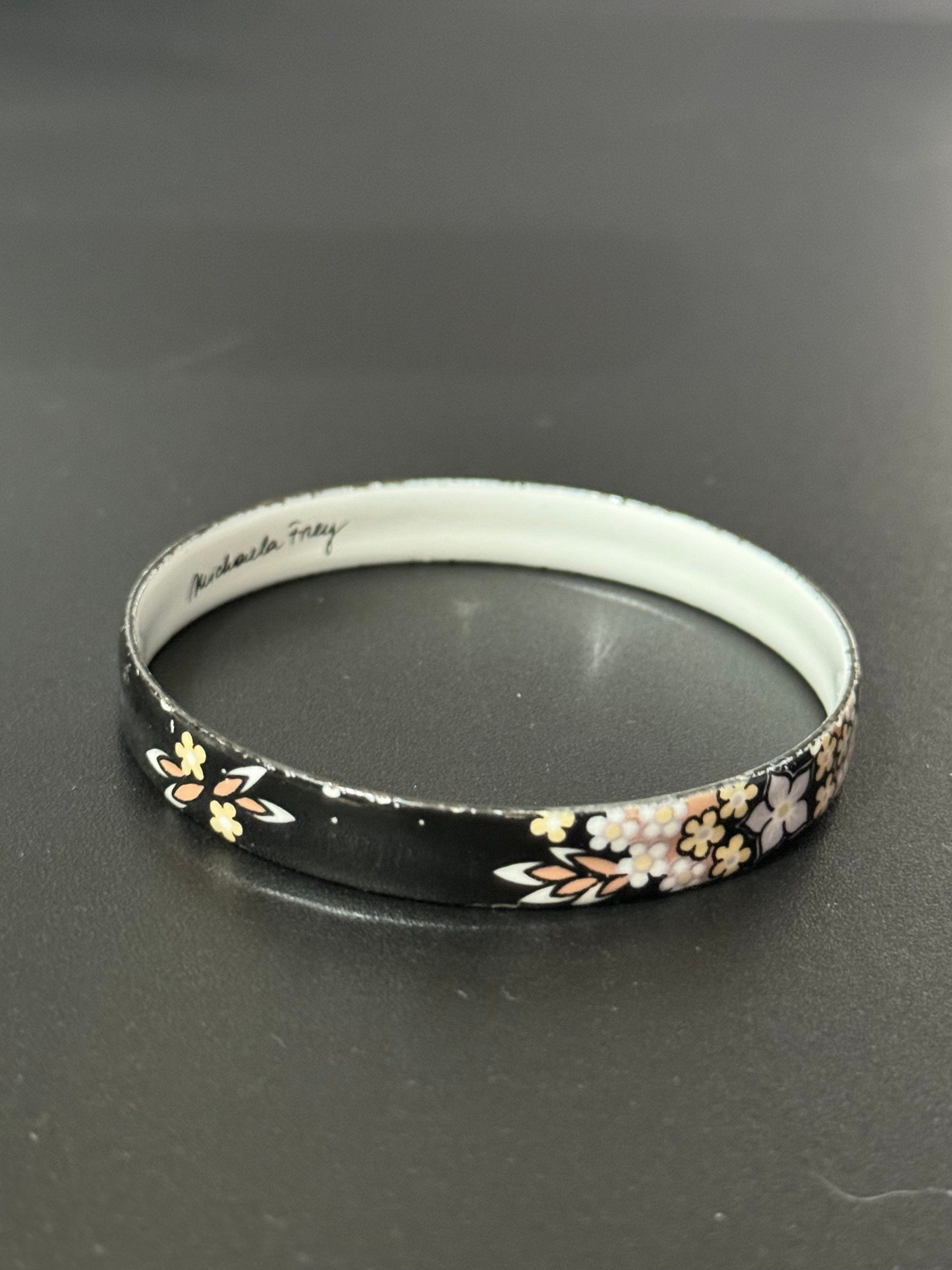 Austrian Vintage Michaela Frey black white and brown enamel antique style floral bangle from Austria
