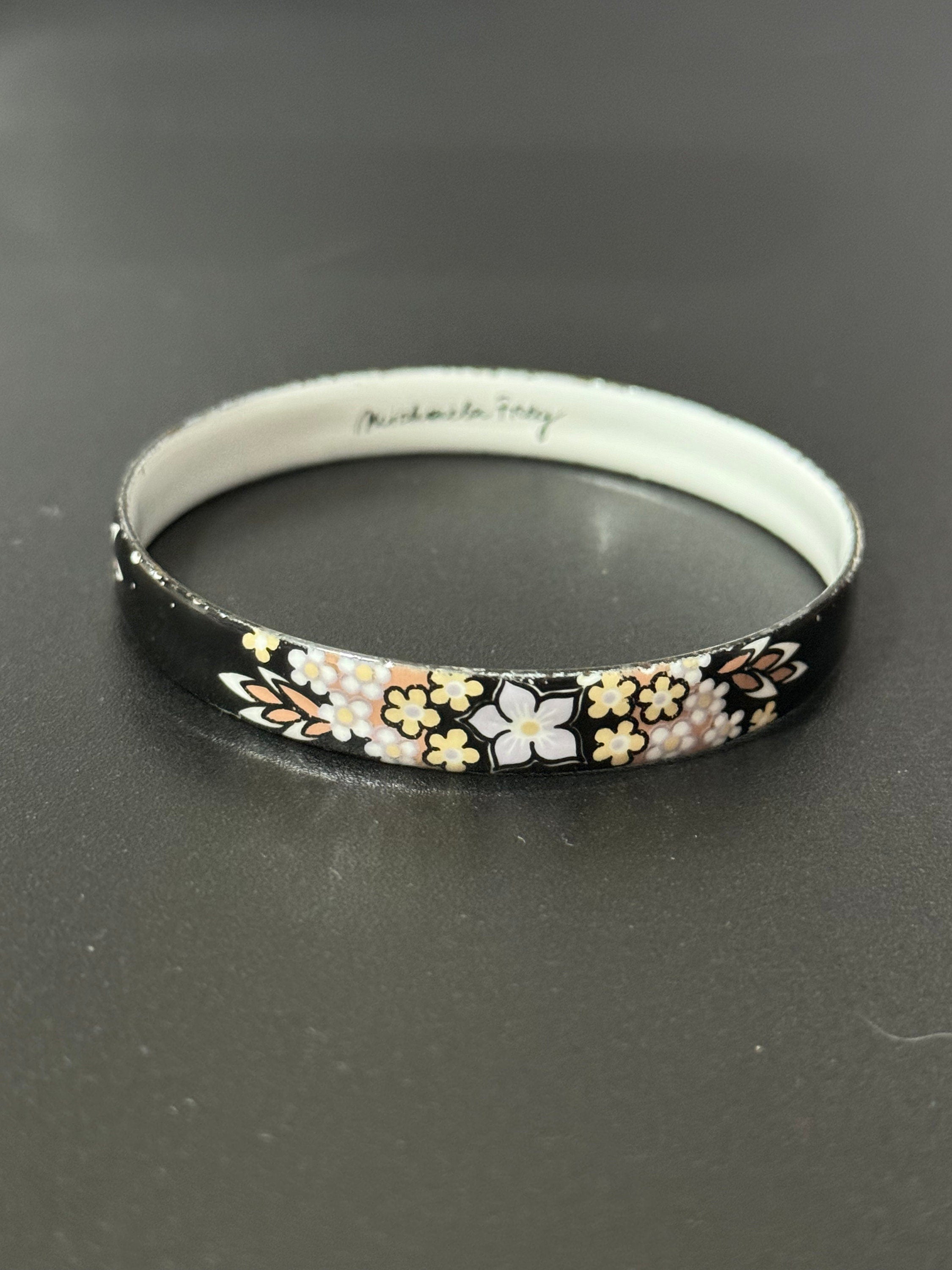 Austrian Vintage Michaela Frey black white and brown enamel antique style floral bangle from Austria