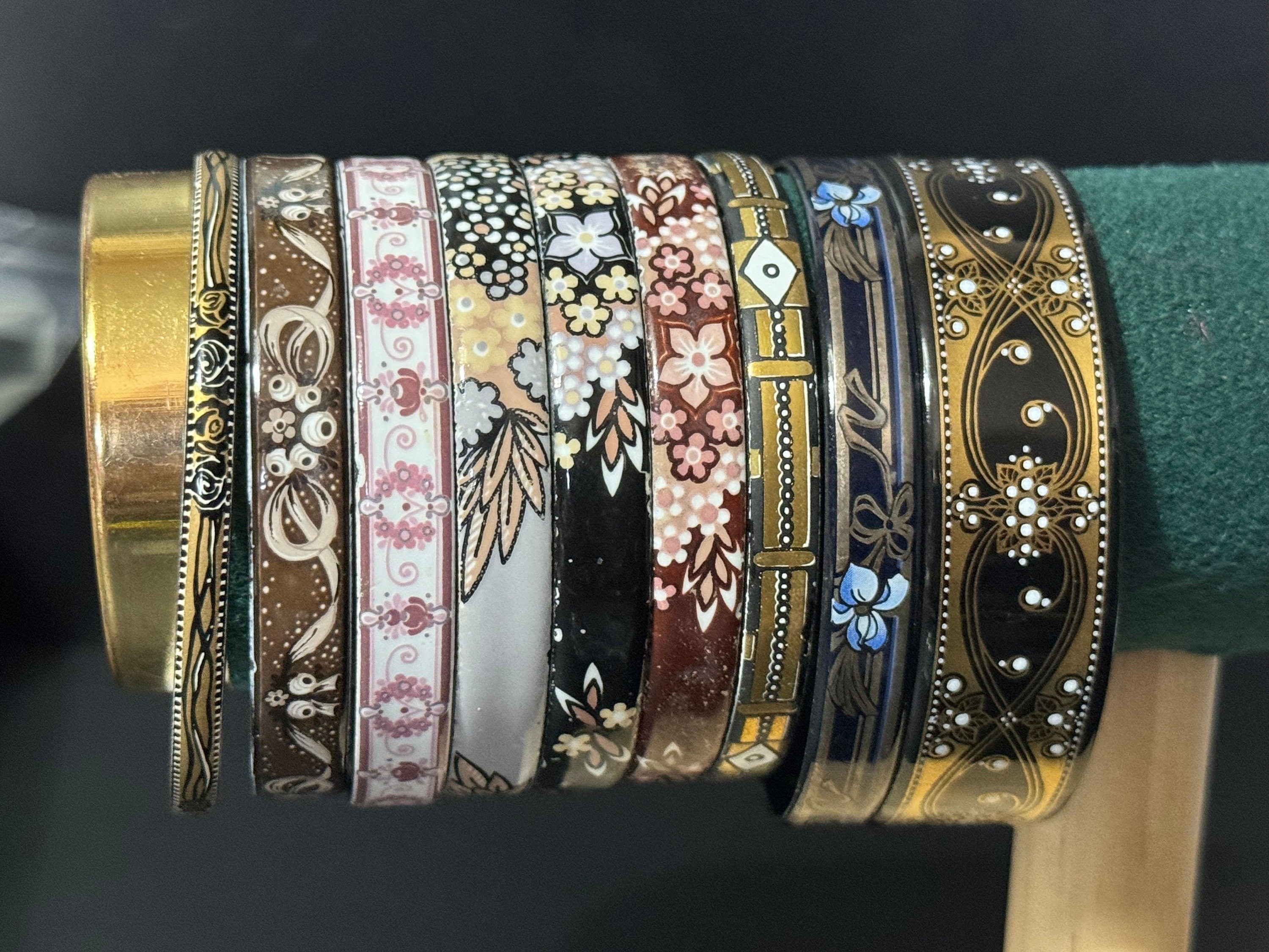 Austrian Vintage Michaela Frey black white and brown enamel antique style floral bangle from Austria